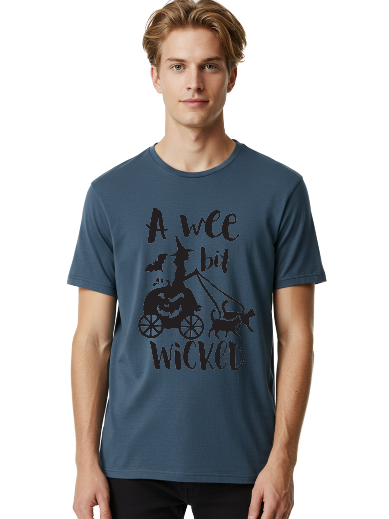 Wee-Bit-Wicked Men'S Graphic Tee, 100% Cotton, Comfortable Casual Summer Wear, Machine Washable, Witch Riding Pumpkin Cart, Black Cats, Bats, Halloween Silhouette, Spooky Scene, Halloween Decorations, Witchy Vibes, Jack-O-Lantern, Aad293