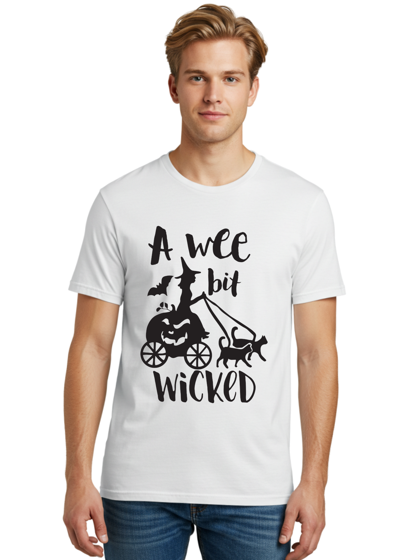 Wee-Bit-Wicked Men'S Graphic Tee, 100% Cotton, Comfortable Casual Summer Wear, Machine Washable, Witch Riding Pumpkin Cart, Black Cats, Bats, Halloween Silhouette, Spooky Scene, Halloween Decorations, Witchy Vibes, Jack-O-Lantern, Aad293