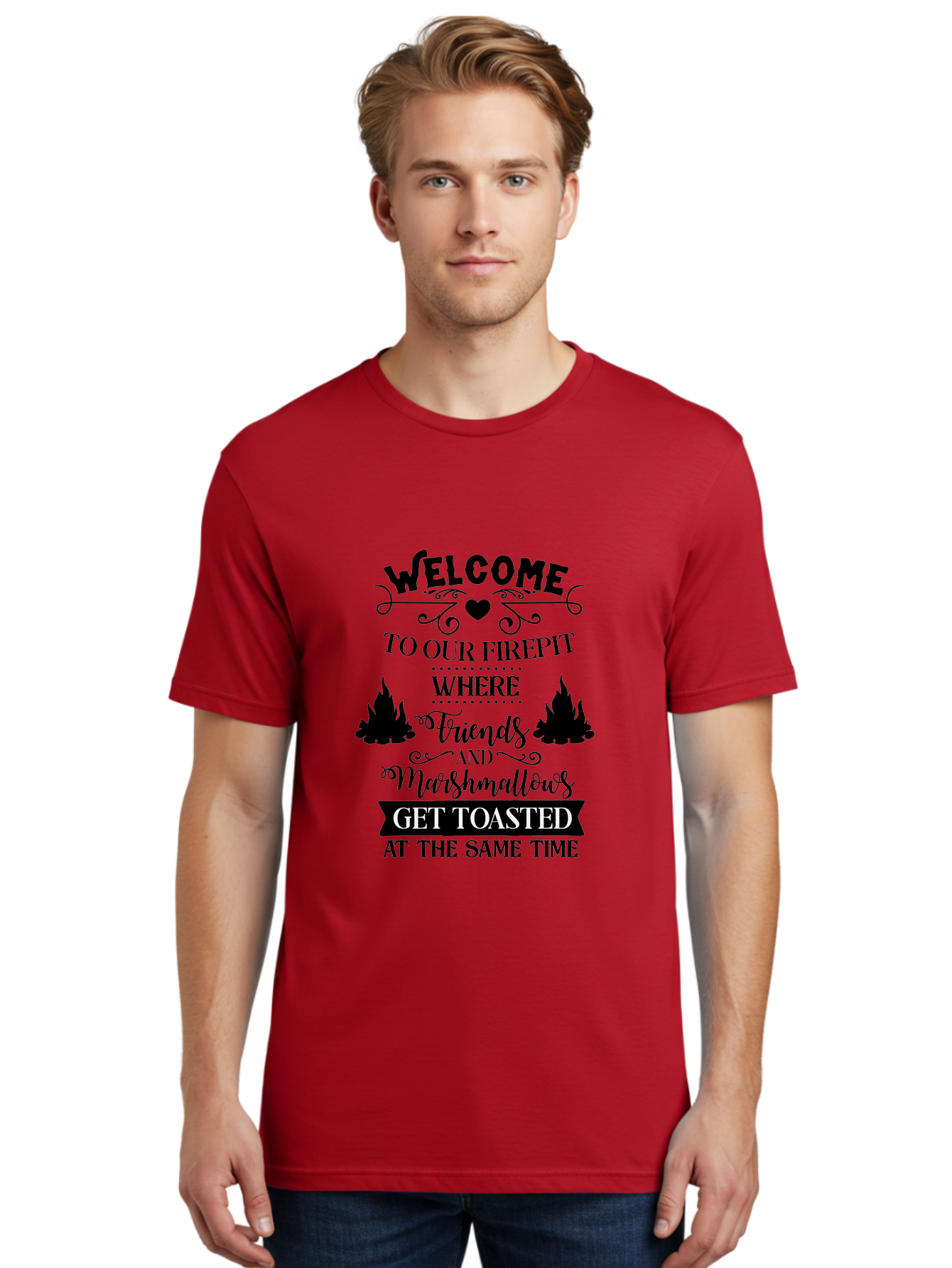 Welcome-To-Our-Firepit Men'S Graphic Tee, 100% Cotton, Comfortable Casual Summer Wear, Machine Washable, Camping Quotes, Friendship Quotes, Marshmallow Toasting, Campfire Quotes, Outdoor Fun, Friendship And Marshmallows, Toasted Treats, Aad296