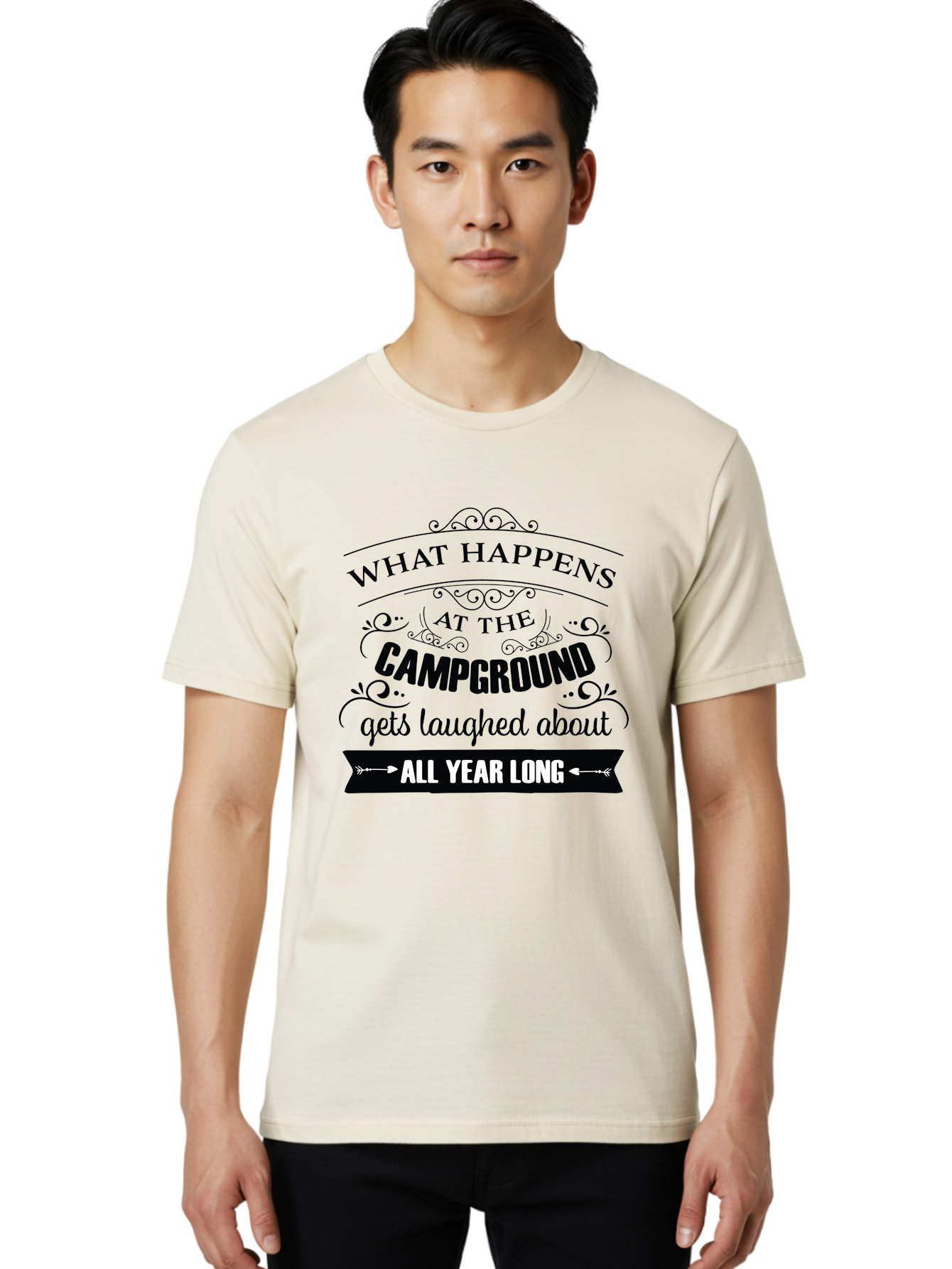 What-Happens-At-The-Campground Men'S Graphic Tee, 100% Cotton, Comfortable Casual Summer Wear, Machine Washable, Camping Funny, Humor Quotes, Outdoorsy Vibe, Camping Adventures, Outdoor Humor, Funny Sayings About Camping, Camping Jokes, Aad298