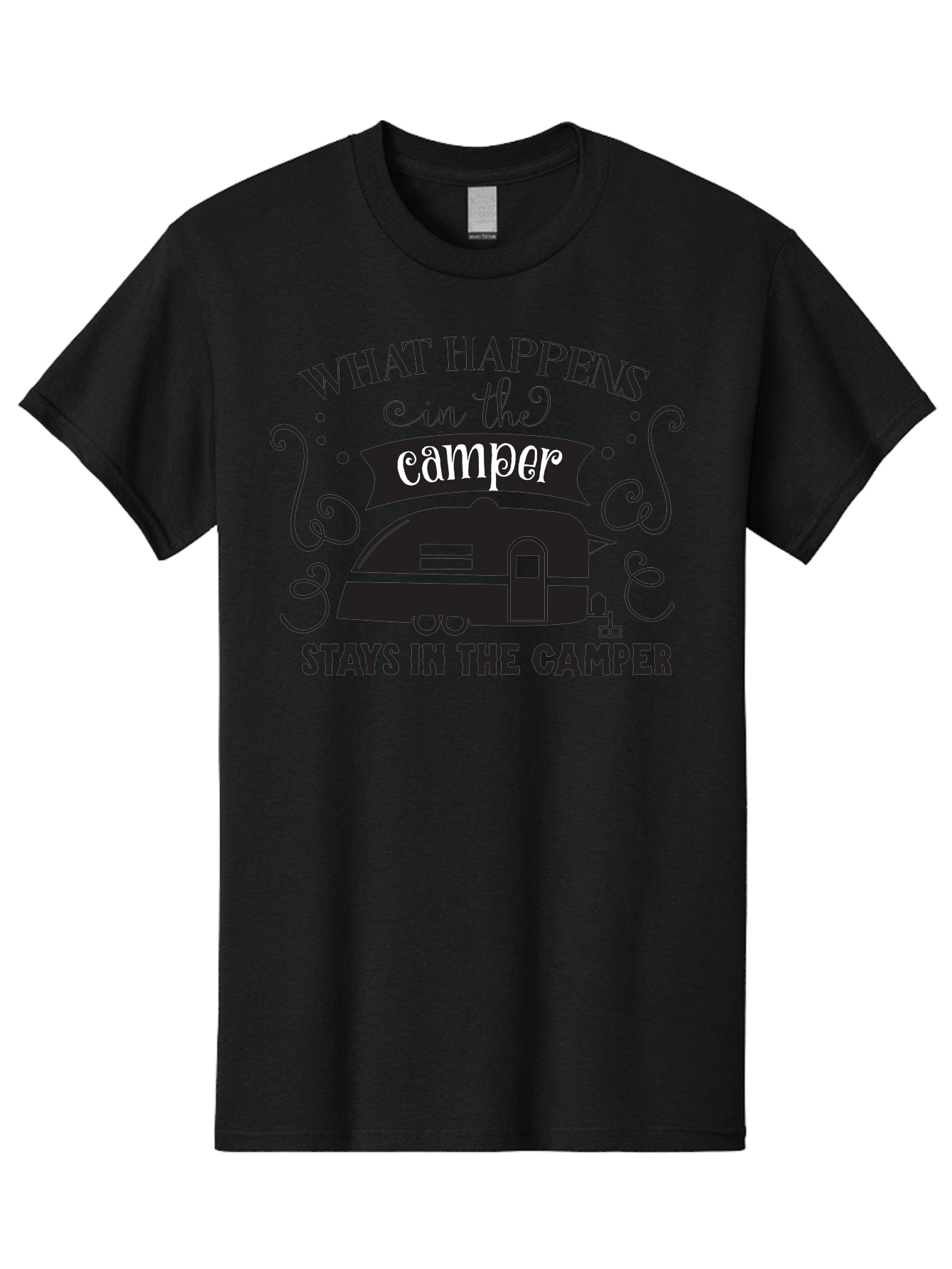 What-Happens-In-The-Camper Men'S Graphic Tee, 100% Cotton, Comfortable Casual Summer Wear, Machine Washable, Camper Trailer, Travel Trailer, Camping Humor, Funny Camping Quotes, Glamping, Outdoor Adventure, Camping Life, Rv Living, Aad299