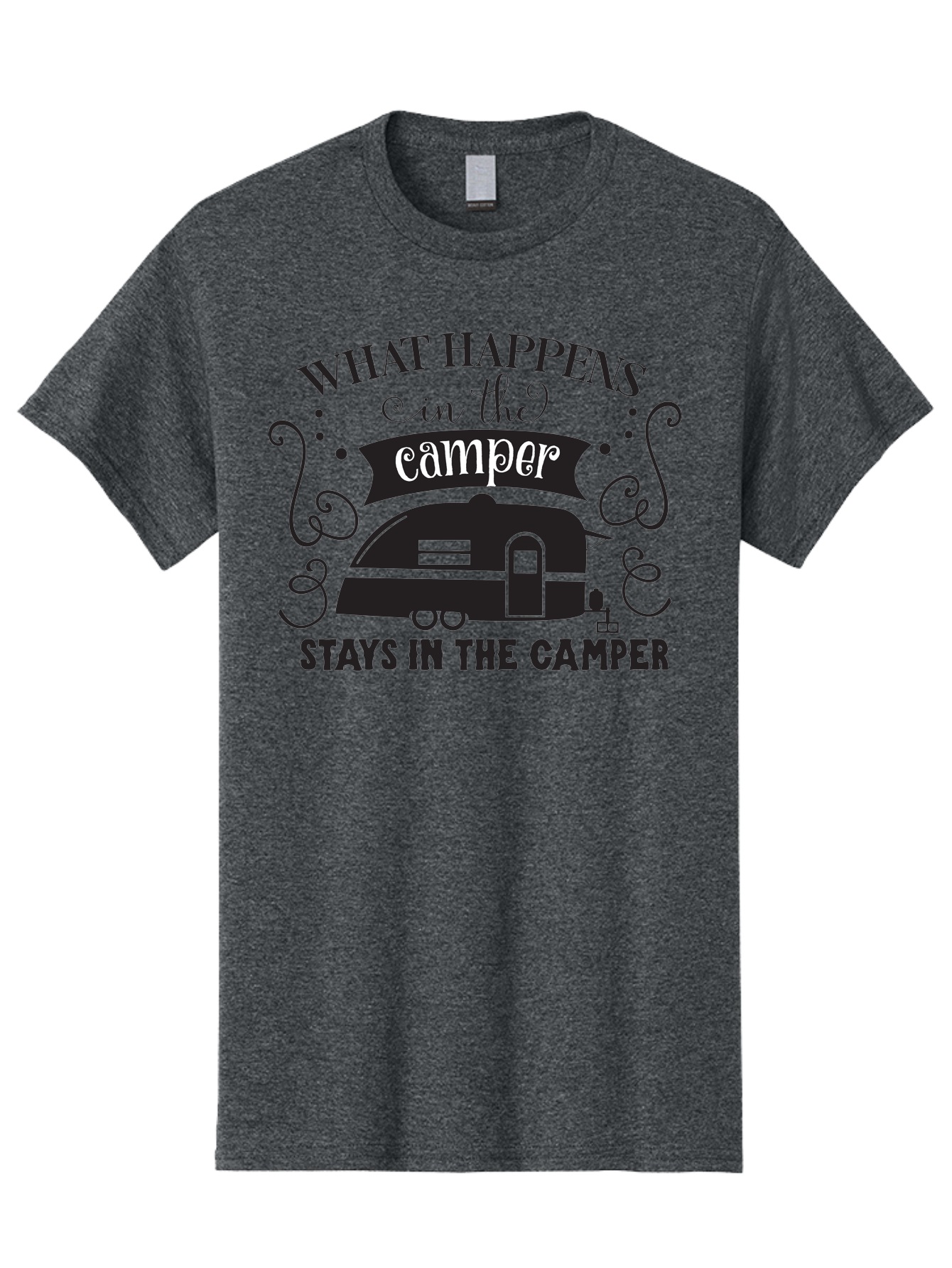 What-Happens-In-The-Camper Men'S Graphic Tee, 100% Cotton, Comfortable Casual Summer Wear, Machine Washable, Camper Trailer, Travel Trailer, Camping Humor, Funny Camping Quotes, Glamping, Outdoor Adventure, Camping Life, Rv Living, Aad299