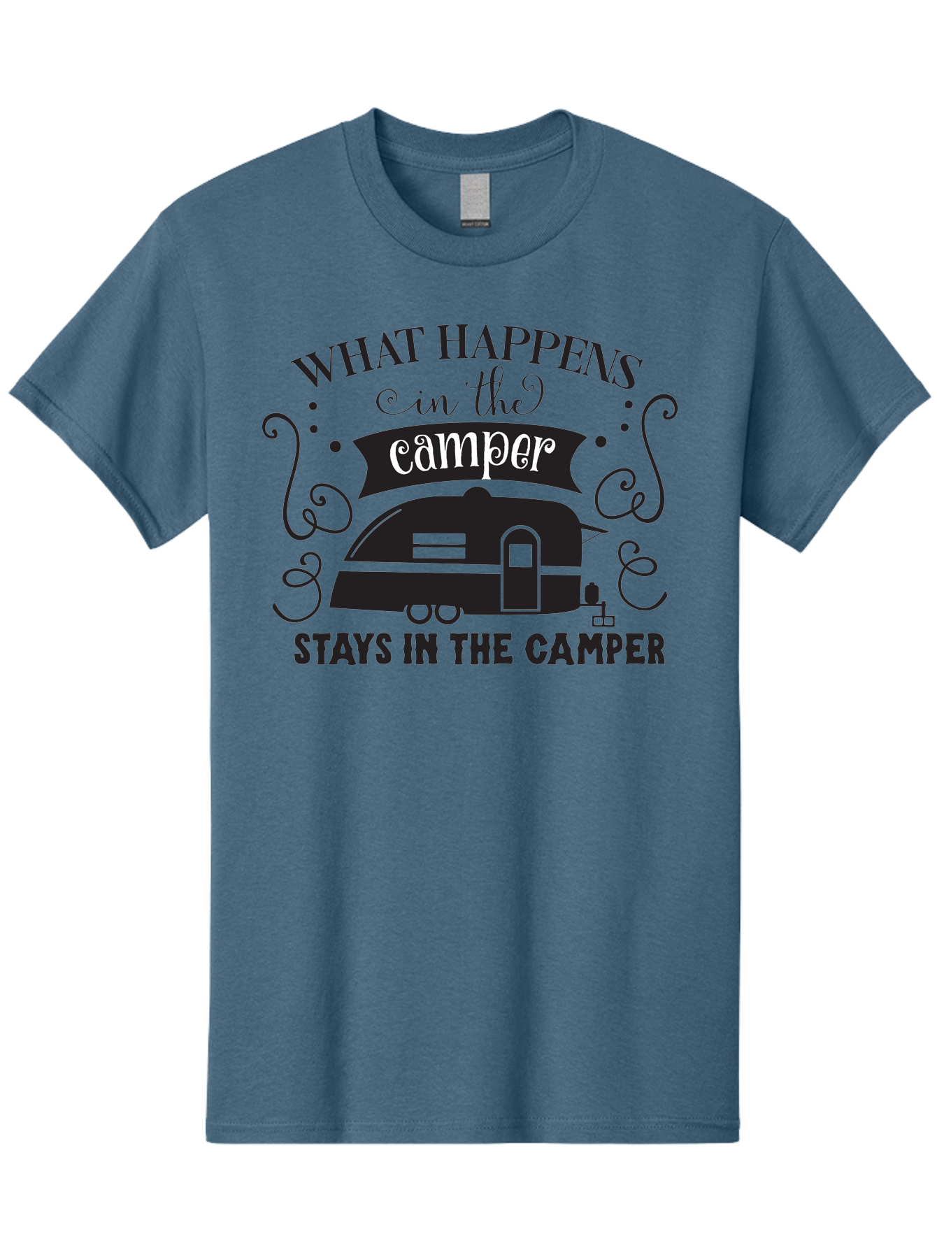 What-Happens-In-The-Camper Men'S Graphic Tee, 100% Cotton, Comfortable Casual Summer Wear, Machine Washable, Camper Trailer, Travel Trailer, Camping Humor, Funny Camping Quotes, Glamping, Outdoor Adventure, Camping Life, Rv Living, Aad299