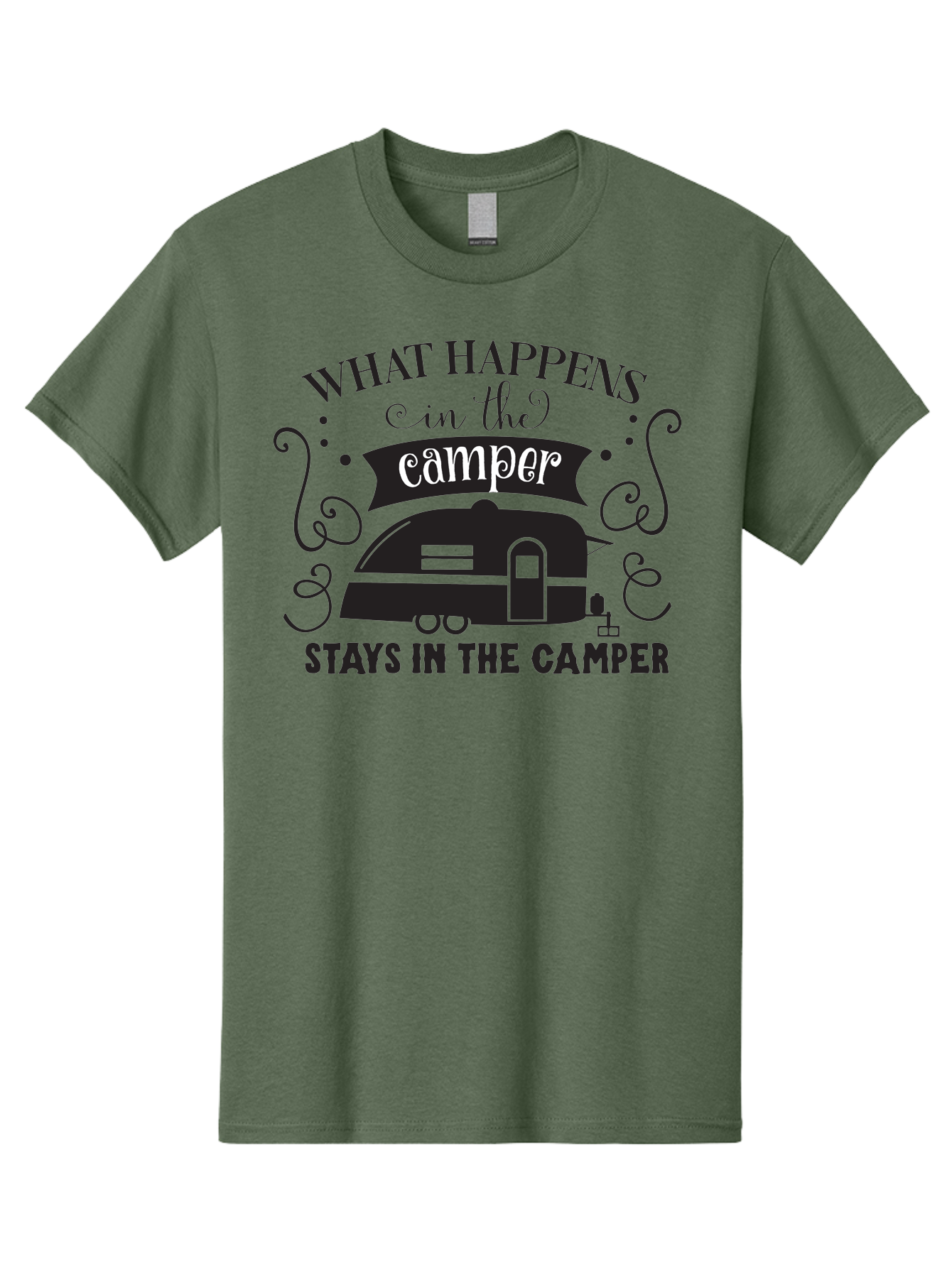 What-Happens-In-The-Camper Men'S Graphic Tee, 100% Cotton, Comfortable Casual Summer Wear, Machine Washable, Camper Trailer, Travel Trailer, Camping Humor, Funny Camping Quotes, Glamping, Outdoor Adventure, Camping Life, Rv Living, Aad299