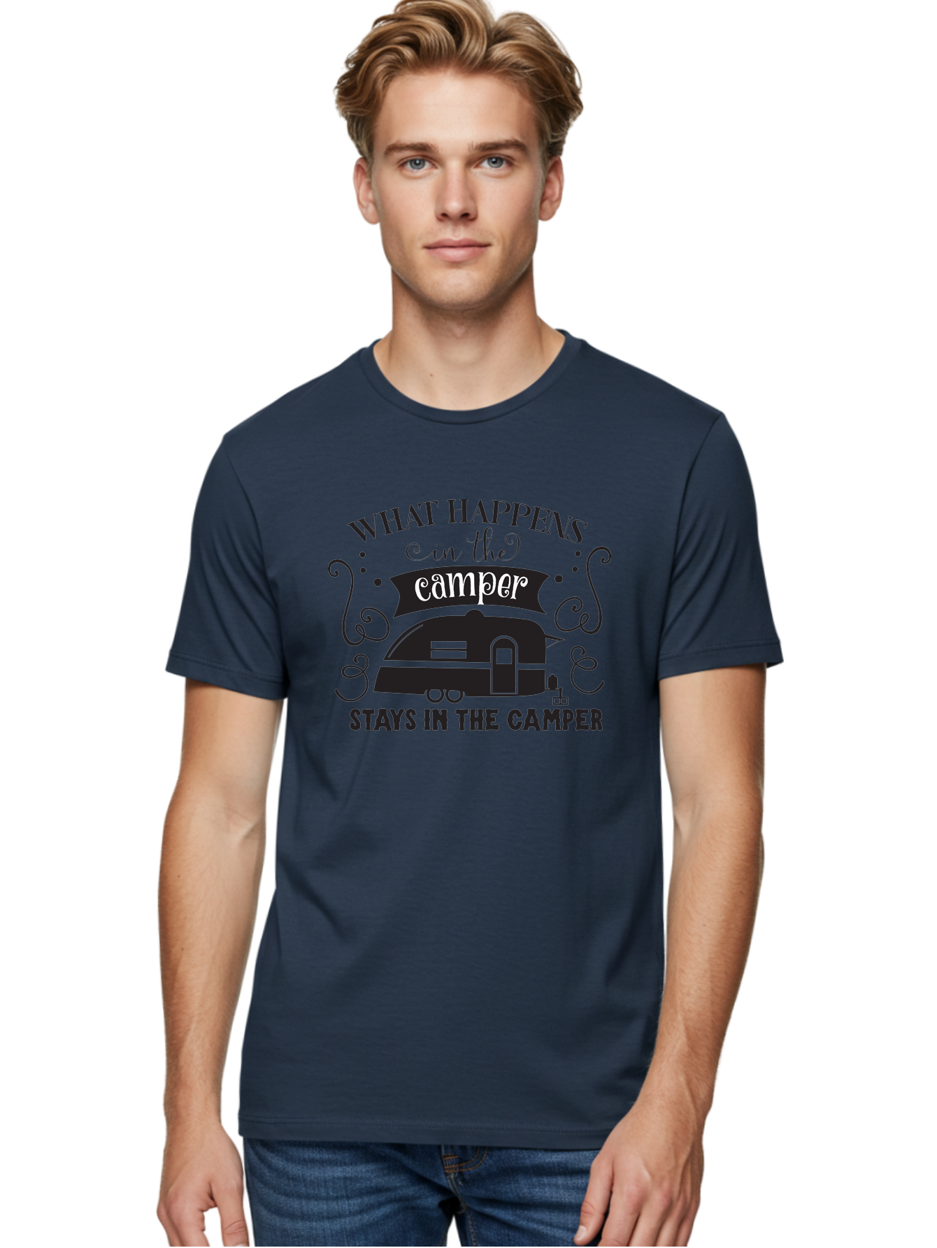 What-Happens-In-The-Camper Men'S Graphic Tee, 100% Cotton, Comfortable Casual Summer Wear, Machine Washable, Camper Trailer, Travel Trailer, Camping Humor, Funny Camping Quotes, Glamping, Outdoor Adventure, Camping Life, Rv Living, Aad299