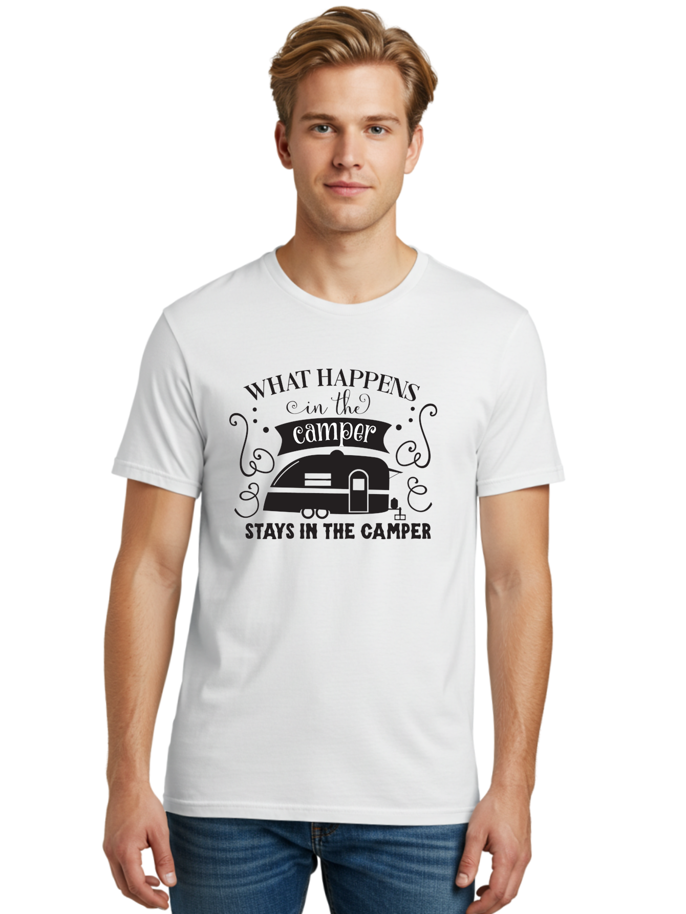 What-Happens-In-The-Camper Men'S Graphic Tee, 100% Cotton, Comfortable Casual Summer Wear, Machine Washable, Camper Trailer, Travel Trailer, Camping Humor, Funny Camping Quotes, Glamping, Outdoor Adventure, Camping Life, Rv Living, Aad299