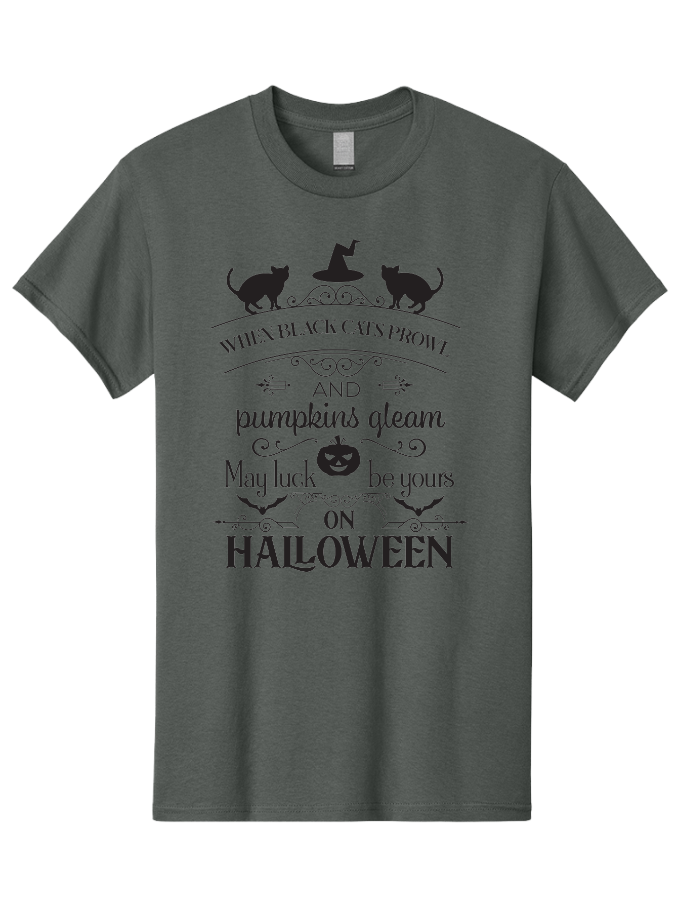 When-Black-Cats-Prowl Men'S Graphic Tee, 100% Cotton, Comfortable Casual Summer Wear, Machine Washable, Halloween Quote, Black Cats, Pumpkins, Halloween Luck, Spooky Season, Witch Hat, Autumn, Halloween Magic, Jack-O'-Lantern, Aad300