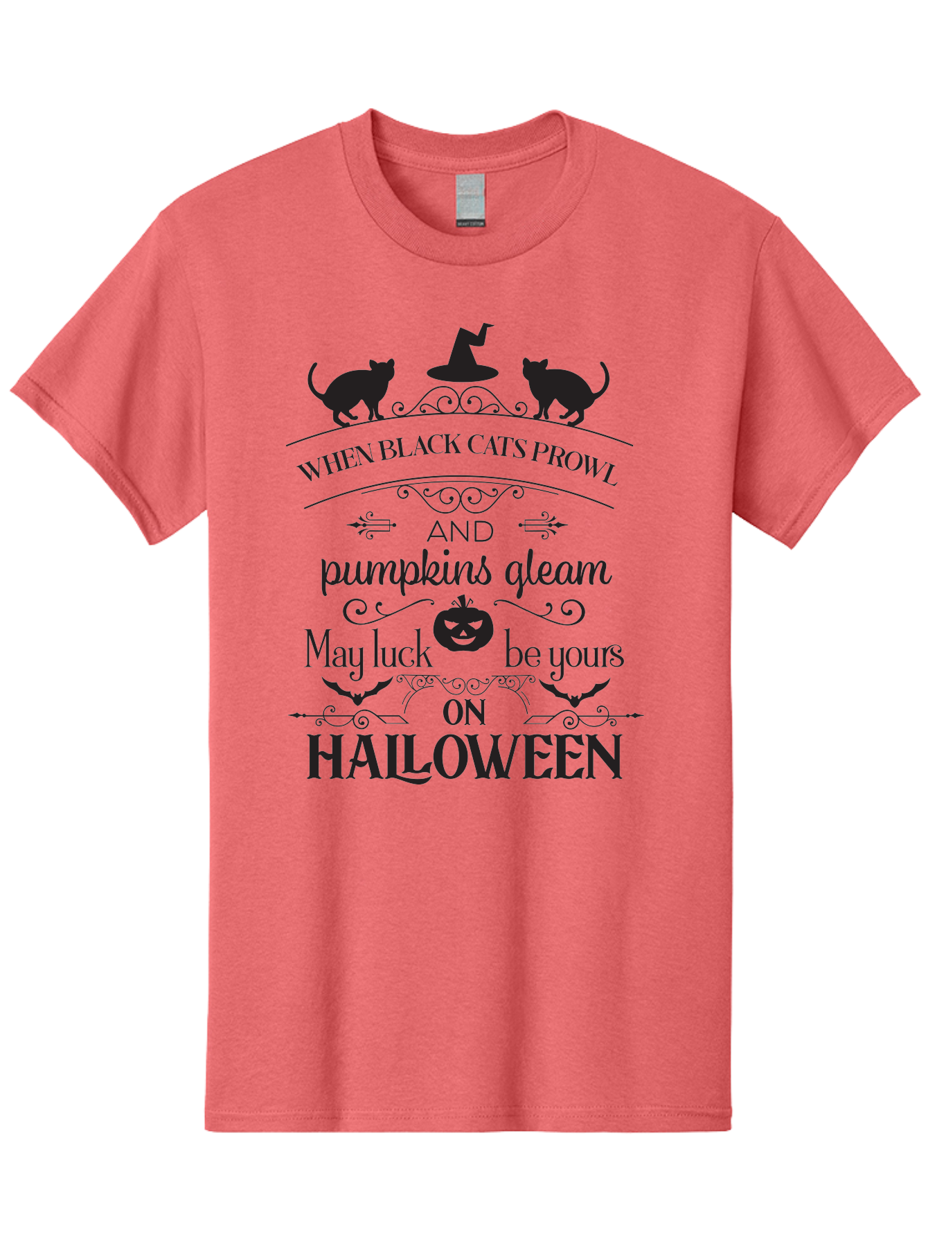 When-Black-Cats-Prowl Men'S Graphic Tee, 100% Cotton, Comfortable Casual Summer Wear, Machine Washable, Halloween Quote, Black Cats, Pumpkins, Halloween Luck, Spooky Season, Witch Hat, Autumn, Halloween Magic, Jack-O'-Lantern, Aad300