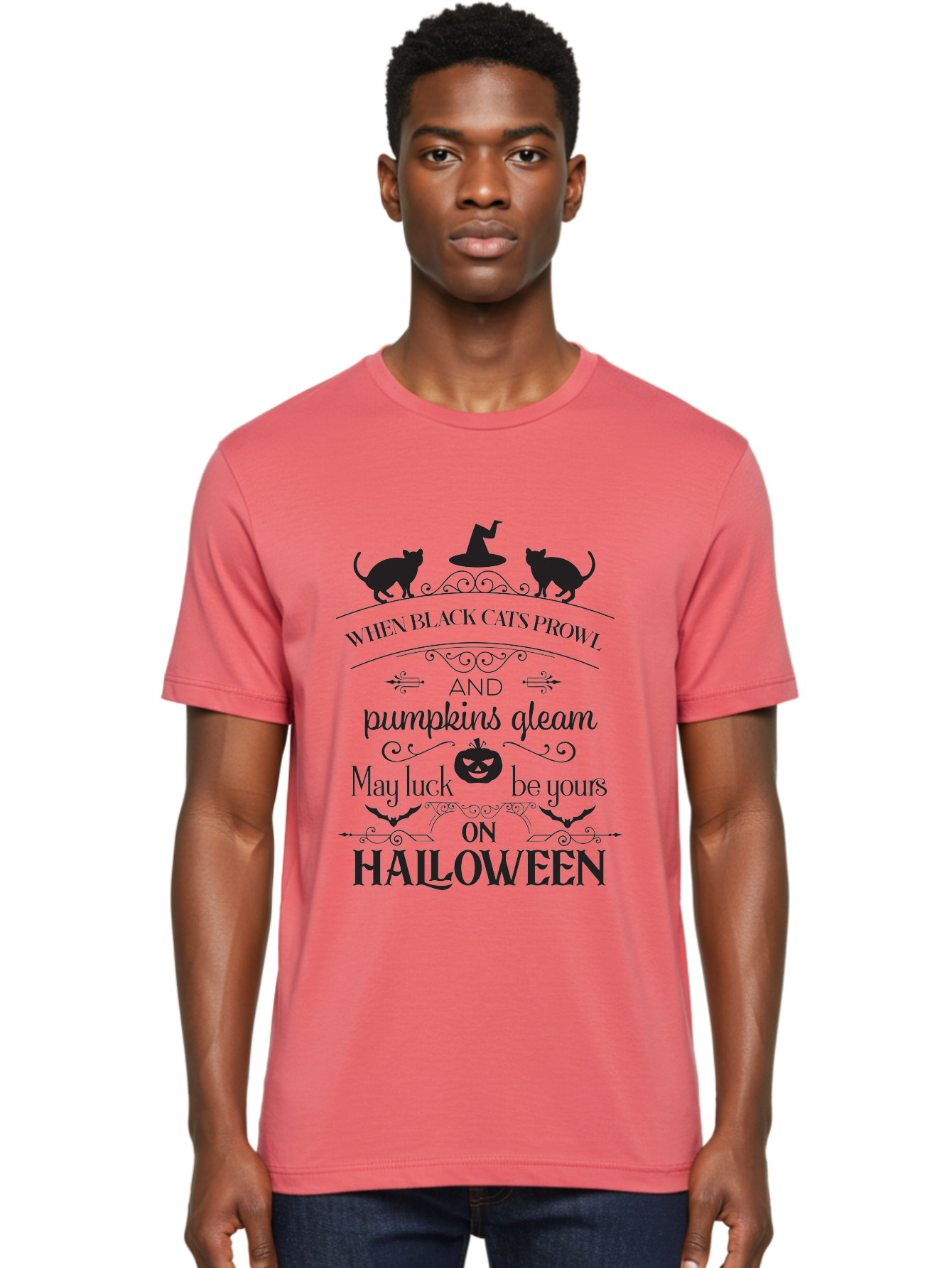 When-Black-Cats-Prowl Men'S Graphic Tee, 100% Cotton, Comfortable Casual Summer Wear, Machine Washable, Halloween Quote, Black Cats, Pumpkins, Halloween Luck, Spooky Season, Witch Hat, Autumn, Halloween Magic, Jack-O'-Lantern, Aad300