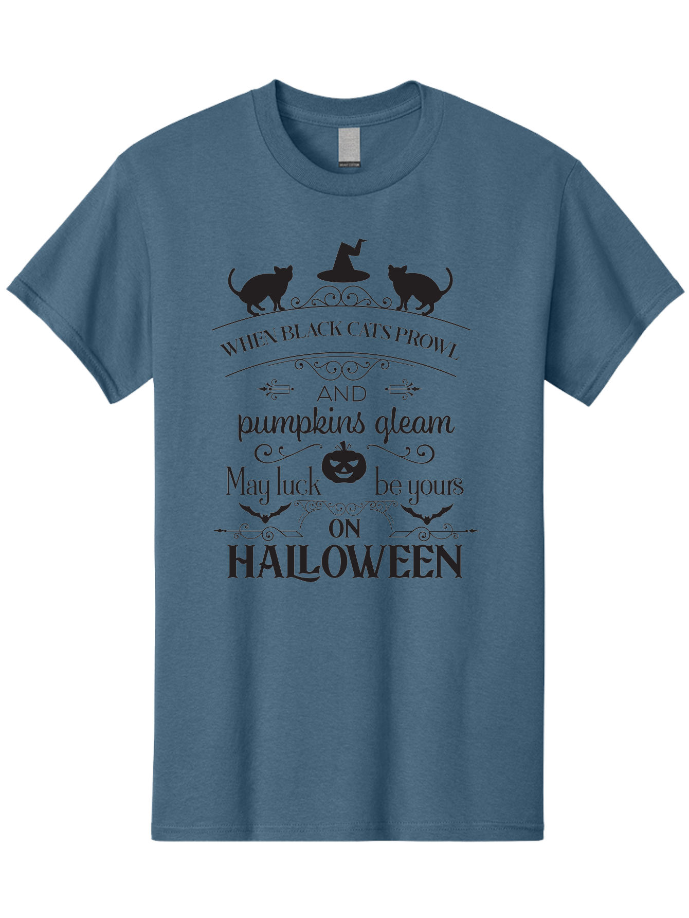 When-Black-Cats-Prowl Men'S Graphic Tee, 100% Cotton, Comfortable Casual Summer Wear, Machine Washable, Halloween Quote, Black Cats, Pumpkins, Halloween Luck, Spooky Season, Witch Hat, Autumn, Halloween Magic, Jack-O'-Lantern, Aad300