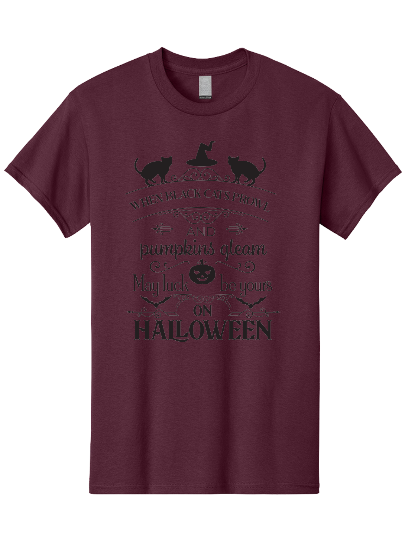 When-Black-Cats-Prowl Men'S Graphic Tee, 100% Cotton, Comfortable Casual Summer Wear, Machine Washable, Halloween Quote, Black Cats, Pumpkins, Halloween Luck, Spooky Season, Witch Hat, Autumn, Halloween Magic, Jack-O'-Lantern, Aad300