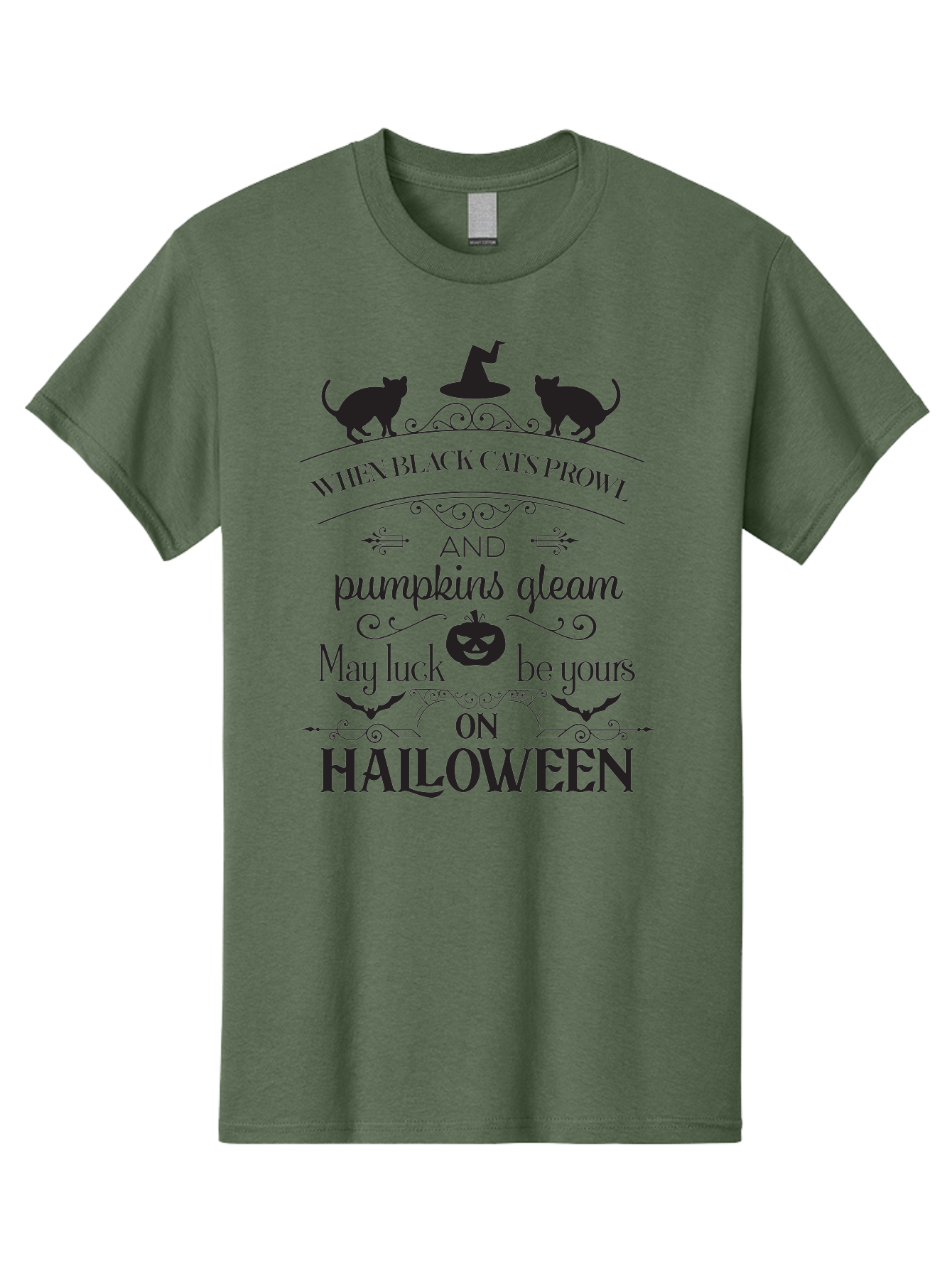 When-Black-Cats-Prowl Men'S Graphic Tee, 100% Cotton, Comfortable Casual Summer Wear, Machine Washable, Halloween Quote, Black Cats, Pumpkins, Halloween Luck, Spooky Season, Witch Hat, Autumn, Halloween Magic, Jack-O'-Lantern, Aad300