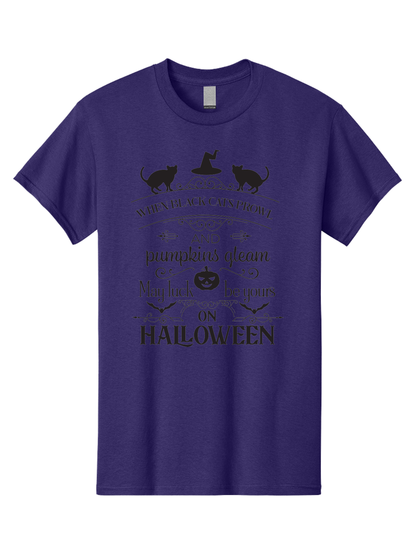 When-Black-Cats-Prowl Men'S Graphic Tee, 100% Cotton, Comfortable Casual Summer Wear, Machine Washable, Halloween Quote, Black Cats, Pumpkins, Halloween Luck, Spooky Season, Witch Hat, Autumn, Halloween Magic, Jack-O'-Lantern, Aad300