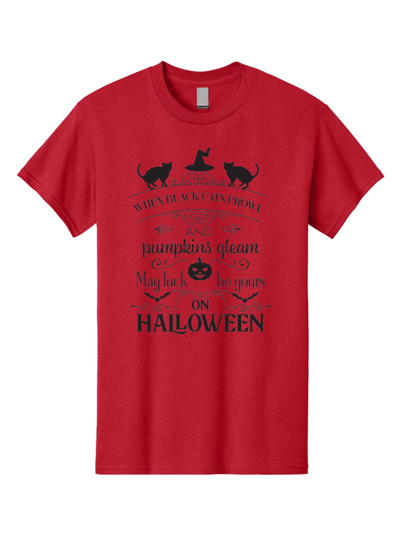 When-Black-Cats-Prowl Men'S Graphic Tee, 100% Cotton, Comfortable Casual Summer Wear, Machine Washable, Halloween Quote, Black Cats, Pumpkins, Halloween Luck, Spooky Season, Witch Hat, Autumn, Halloween Magic, Jack-O'-Lantern, Aad300