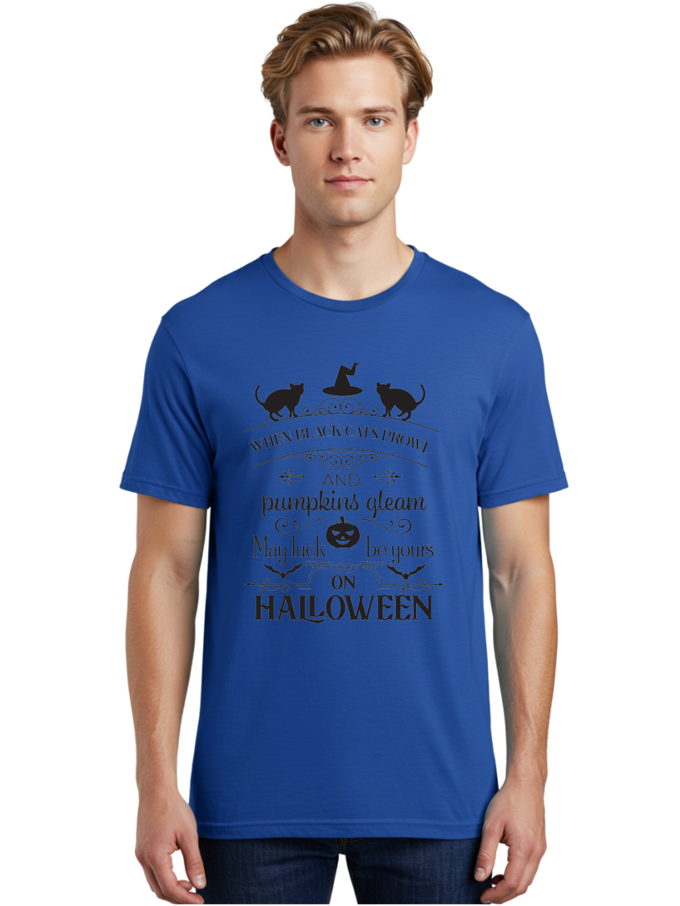 When-Black-Cats-Prowl Men'S Graphic Tee, 100% Cotton, Comfortable Casual Summer Wear, Machine Washable, Halloween Quote, Black Cats, Pumpkins, Halloween Luck, Spooky Season, Witch Hat, Autumn, Halloween Magic, Jack-O'-Lantern, Aad300