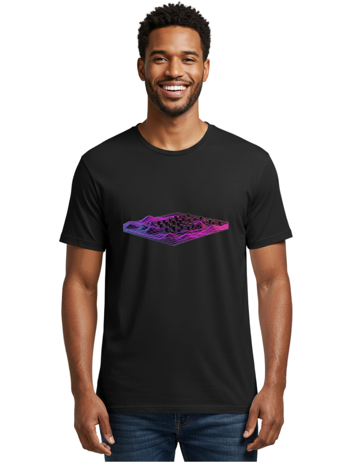 3D-Cityscape-Grid Men'S Graphic Tee, 100% Cotton, Comfortable Casual Summer Wear, Machine Washable, 3D Grid Landscape, Neon Purple And Pink, Futuristic Terrain, Wavy Lines, Grid Pattern, Abstract Geometry, Digital Artwork, Vibrant Colors, Baa000