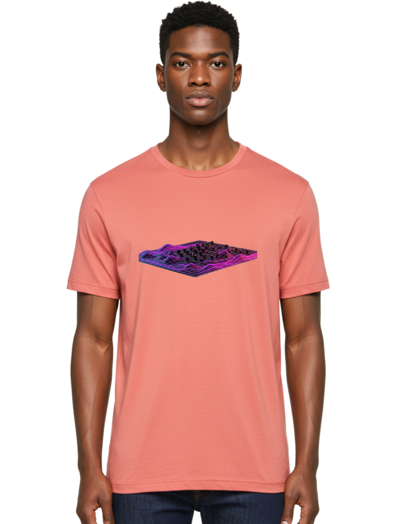 3D-Cityscape-Grid Men'S Graphic Tee, 100% Cotton, Comfortable Casual Summer Wear, Machine Washable, 3D Grid Landscape, Neon Purple And Pink, Futuristic Terrain, Wavy Lines, Grid Pattern, Abstract Geometry, Digital Artwork, Vibrant Colors, Baa000