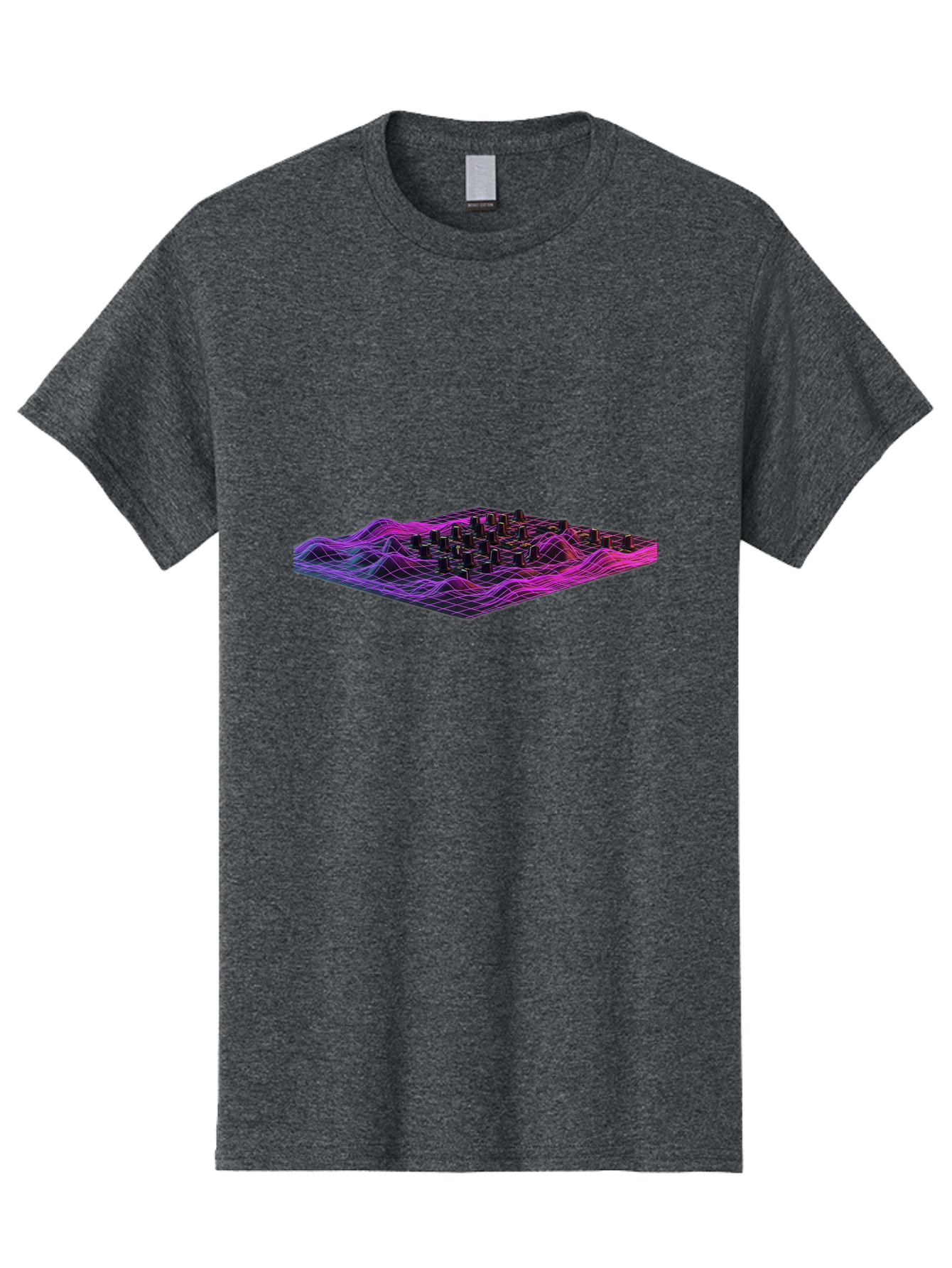 3D-Cityscape-Grid Men'S Graphic Tee, 100% Cotton, Comfortable Casual Summer Wear, Machine Washable, 3D Grid Landscape, Neon Purple And Pink, Futuristic Terrain, Wavy Lines, Grid Pattern, Abstract Geometry, Digital Artwork, Vibrant Colors, Baa000