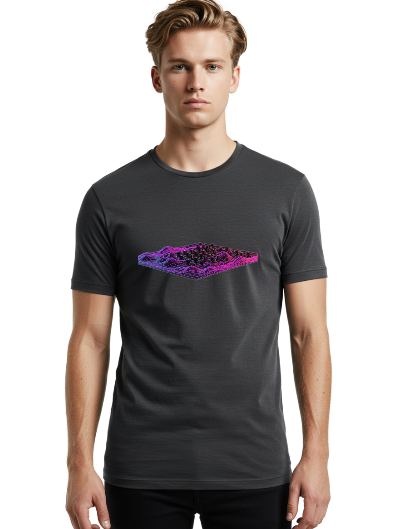 3D-Cityscape-Grid Men'S Graphic Tee, 100% Cotton, Comfortable Casual Summer Wear, Machine Washable, 3D Grid Landscape, Neon Purple And Pink, Futuristic Terrain, Wavy Lines, Grid Pattern, Abstract Geometry, Digital Artwork, Vibrant Colors, Baa000