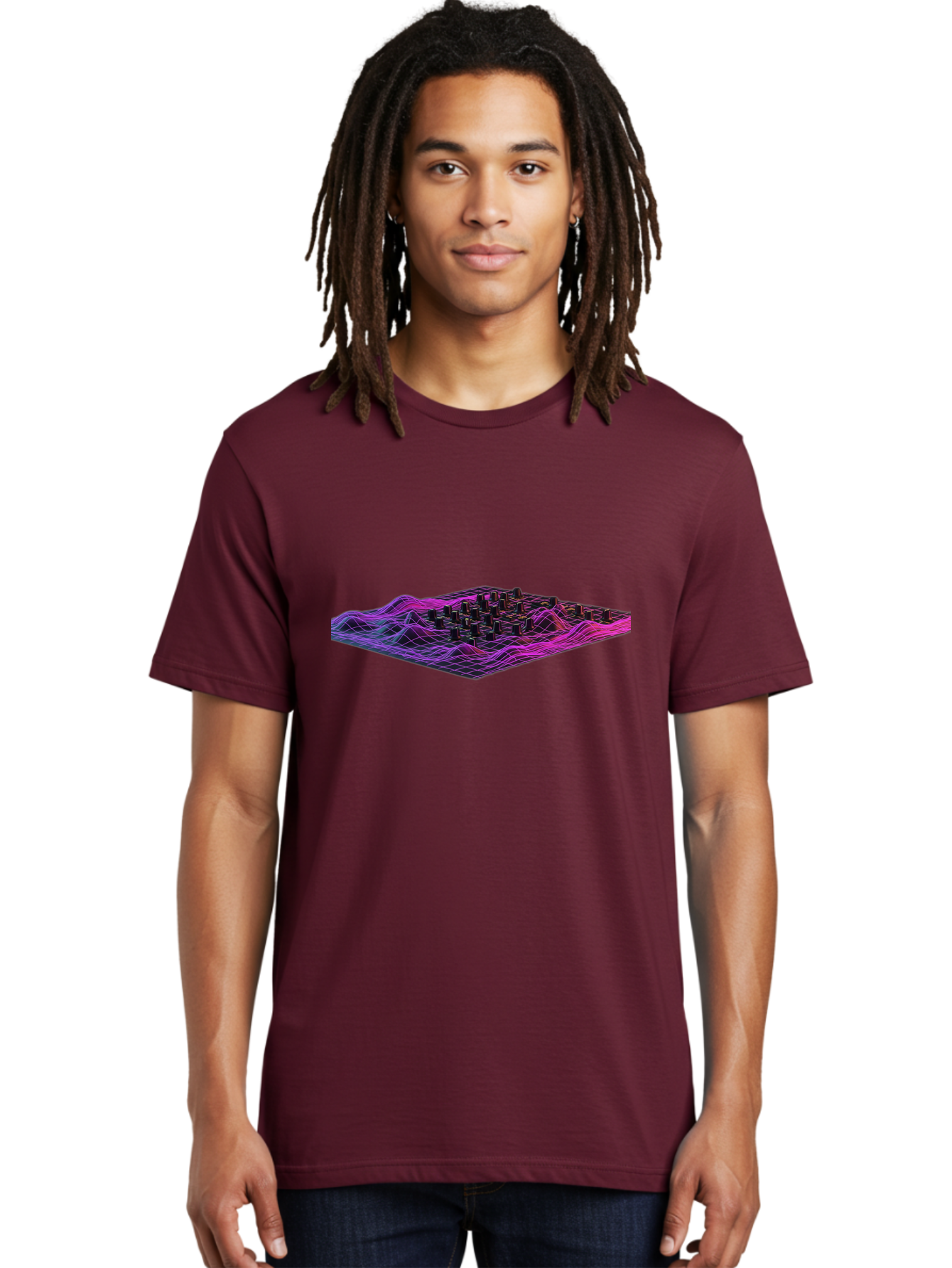 3D-Cityscape-Grid Men'S Graphic Tee, 100% Cotton, Comfortable Casual Summer Wear, Machine Washable, 3D Grid Landscape, Neon Purple And Pink, Futuristic Terrain, Wavy Lines, Grid Pattern, Abstract Geometry, Digital Artwork, Vibrant Colors, Baa000