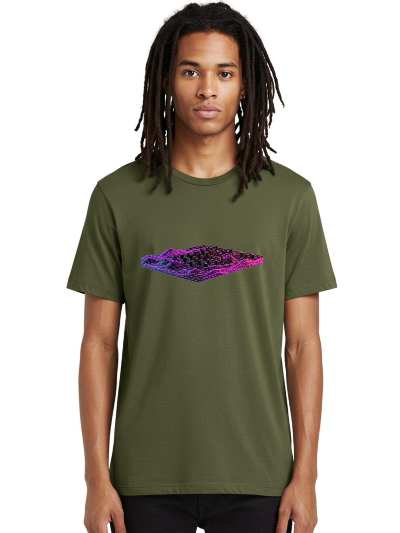 3D-Cityscape-Grid Men'S Graphic Tee, 100% Cotton, Comfortable Casual Summer Wear, Machine Washable, 3D Grid Landscape, Neon Purple And Pink, Futuristic Terrain, Wavy Lines, Grid Pattern, Abstract Geometry, Digital Artwork, Vibrant Colors, Baa000