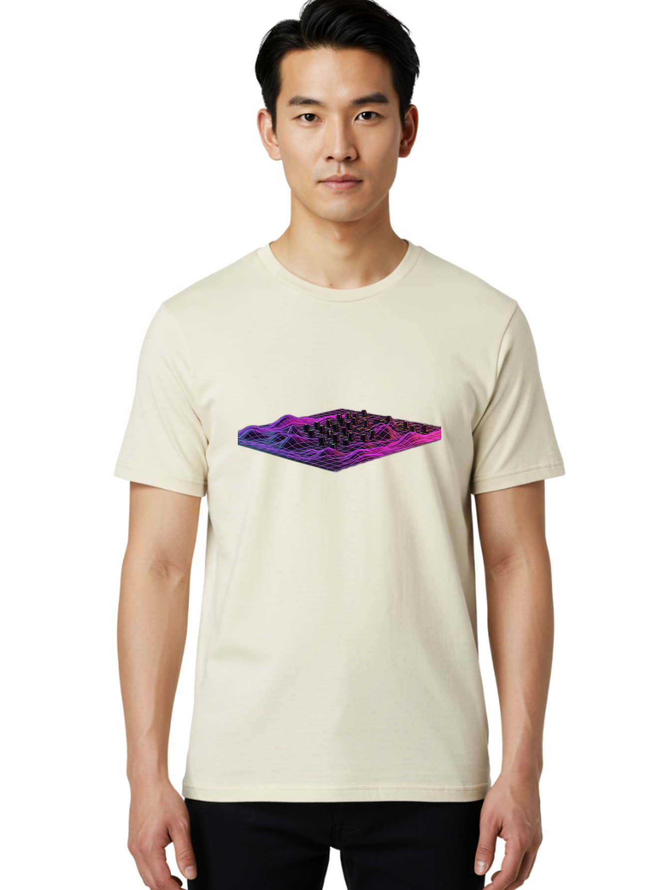 3D-Cityscape-Grid Men'S Graphic Tee, 100% Cotton, Comfortable Casual Summer Wear, Machine Washable, 3D Grid Landscape, Neon Purple And Pink, Futuristic Terrain, Wavy Lines, Grid Pattern, Abstract Geometry, Digital Artwork, Vibrant Colors, Baa000