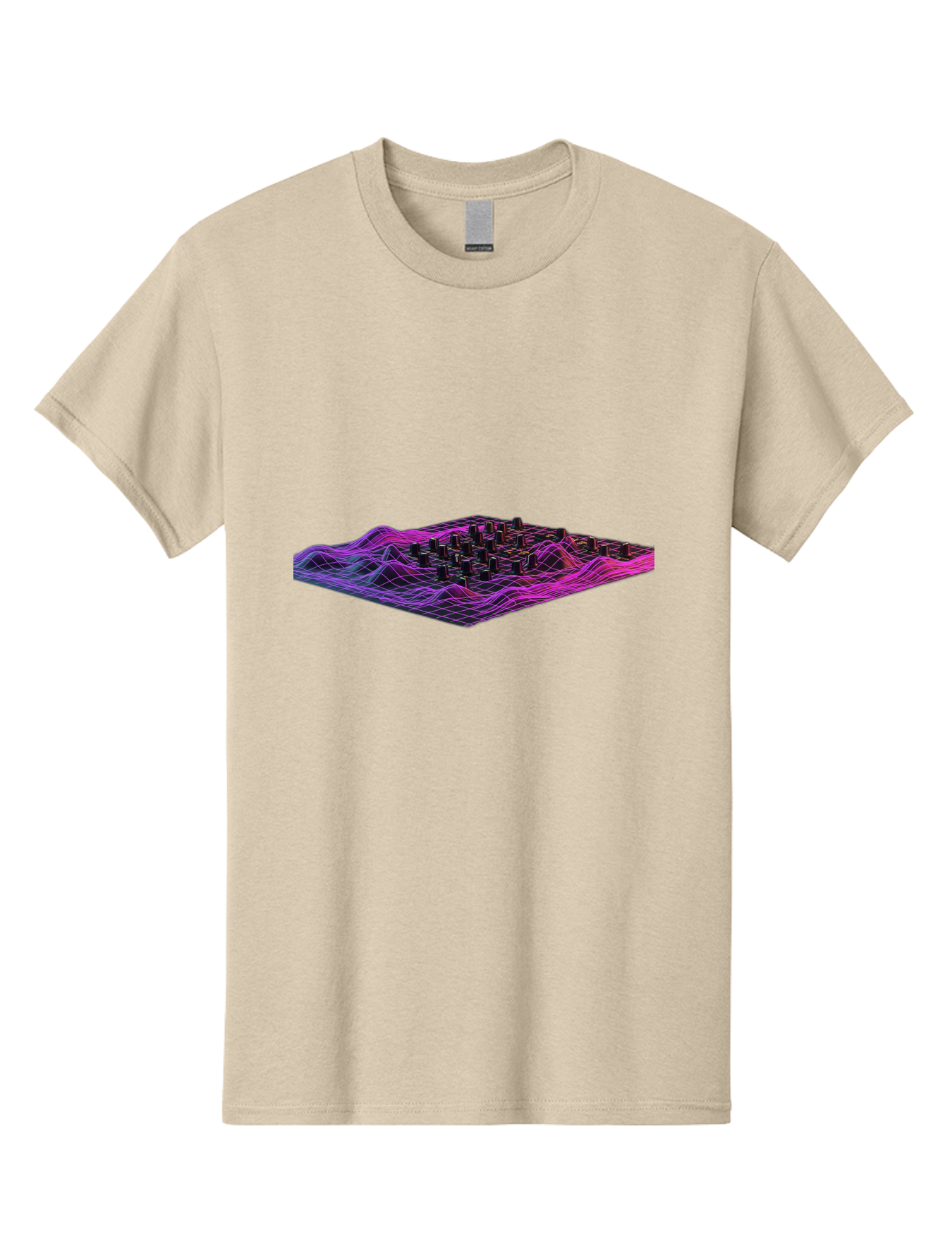 3D-Cityscape-Grid Men'S Graphic Tee, 100% Cotton, Comfortable Casual Summer Wear, Machine Washable, 3D Grid Landscape, Neon Purple And Pink, Futuristic Terrain, Wavy Lines, Grid Pattern, Abstract Geometry, Digital Artwork, Vibrant Colors, Baa000
