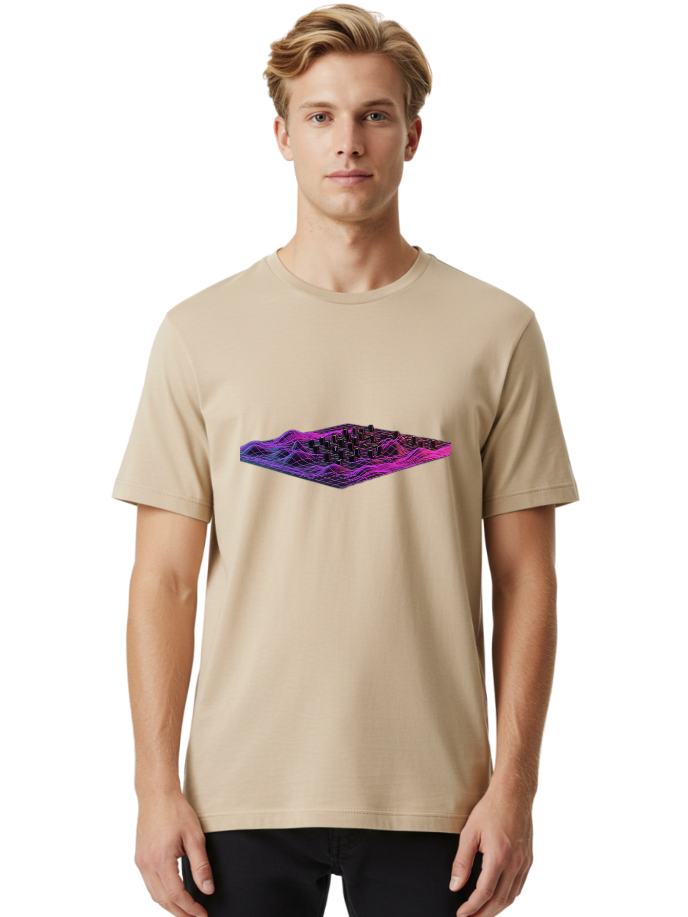 3D-Cityscape-Grid Men'S Graphic Tee, 100% Cotton, Comfortable Casual Summer Wear, Machine Washable, 3D Grid Landscape, Neon Purple And Pink, Futuristic Terrain, Wavy Lines, Grid Pattern, Abstract Geometry, Digital Artwork, Vibrant Colors, Baa000