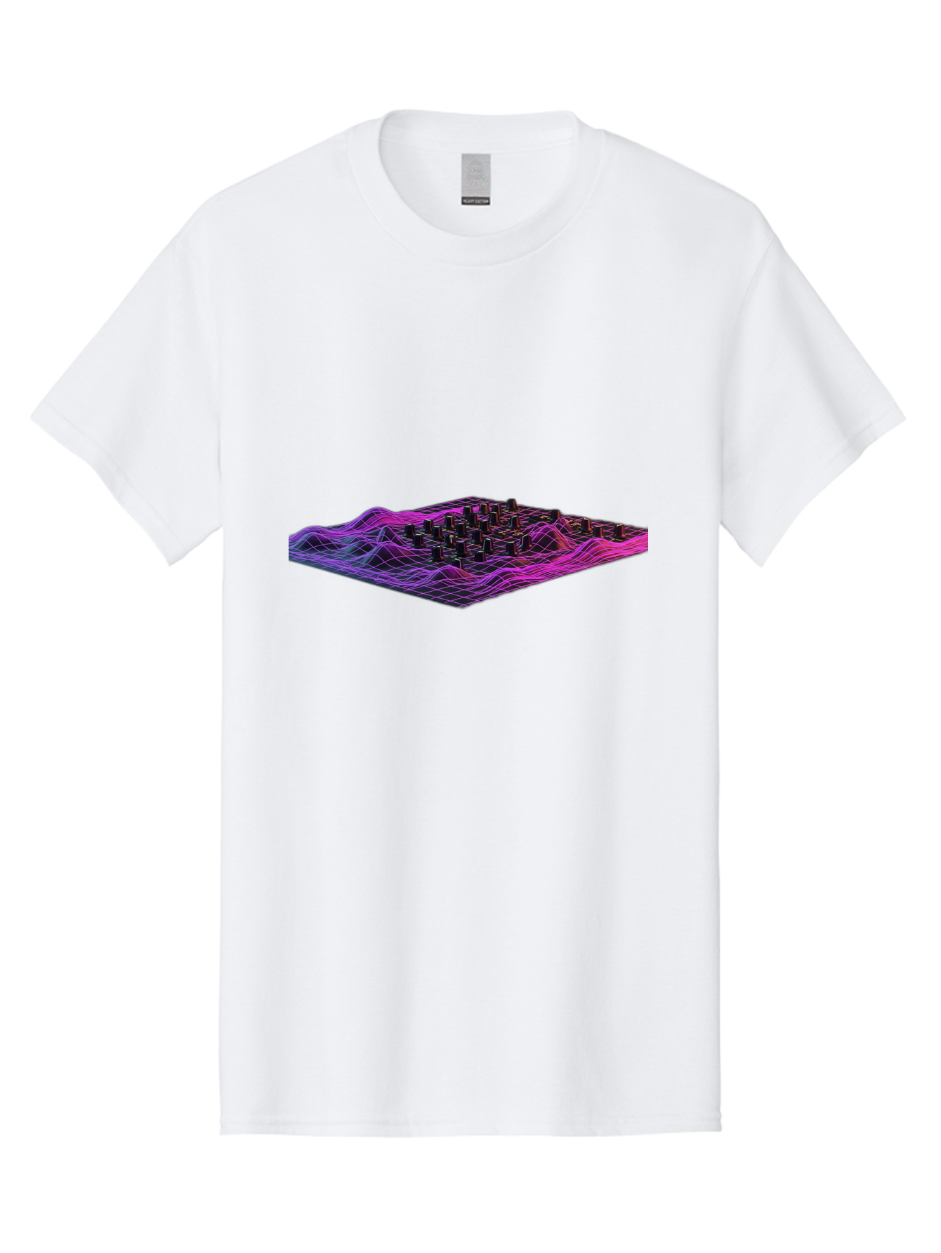 3D-Cityscape-Grid Men'S Graphic Tee, 100% Cotton, Comfortable Casual Summer Wear, Machine Washable, 3D Grid Landscape, Neon Purple And Pink, Futuristic Terrain, Wavy Lines, Grid Pattern, Abstract Geometry, Digital Artwork, Vibrant Colors, Baa000