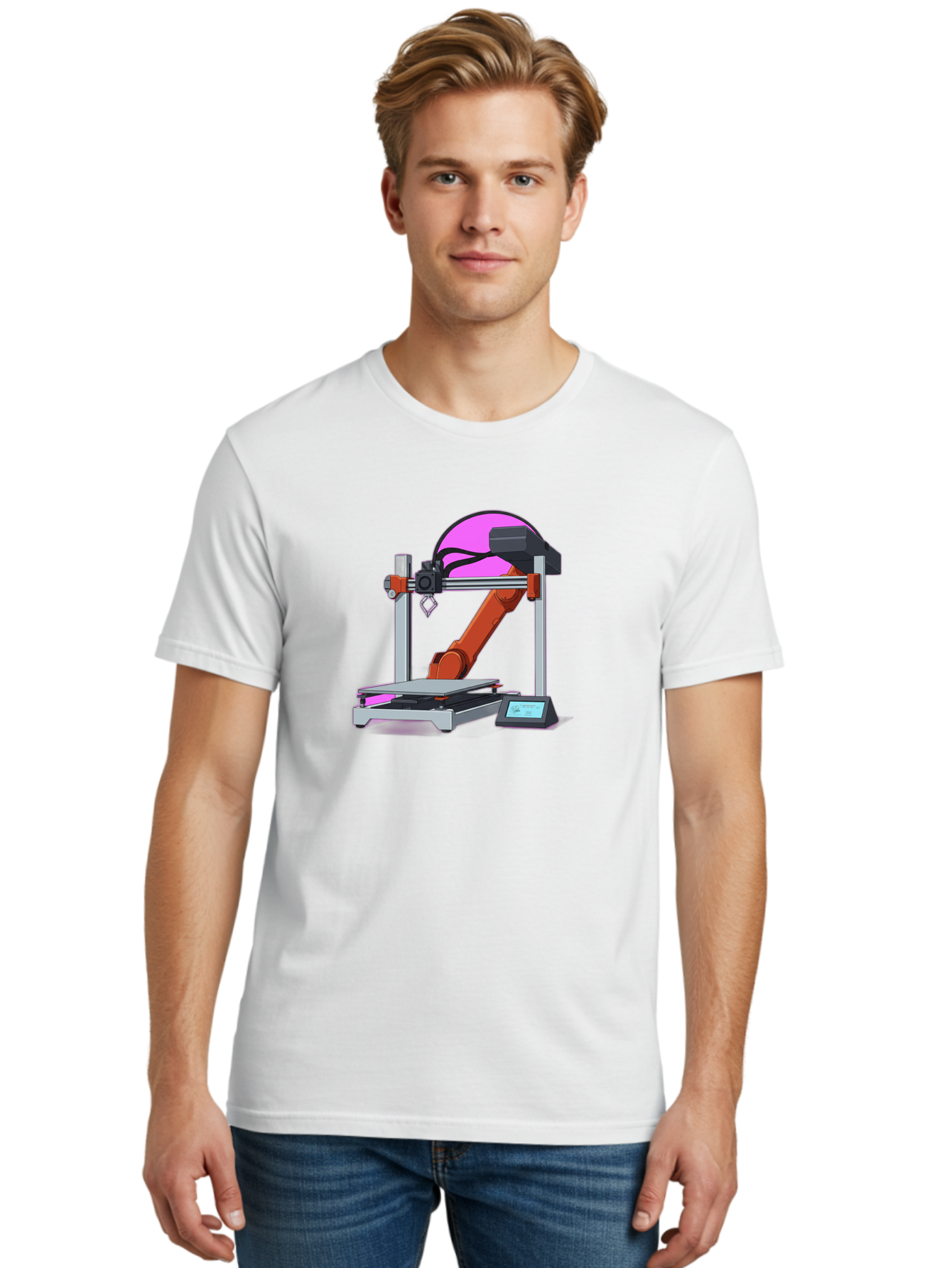 3D-Printer-1 Men'S Graphic Tee, 100% Cotton, Comfortable Casual Summer Wear, Machine Washable, Industrial Robotic Arm, 3D Printing Technology, Additive Manufacturing, Precision Engineering, Futuristic Design, Modern Machinery, Baa002