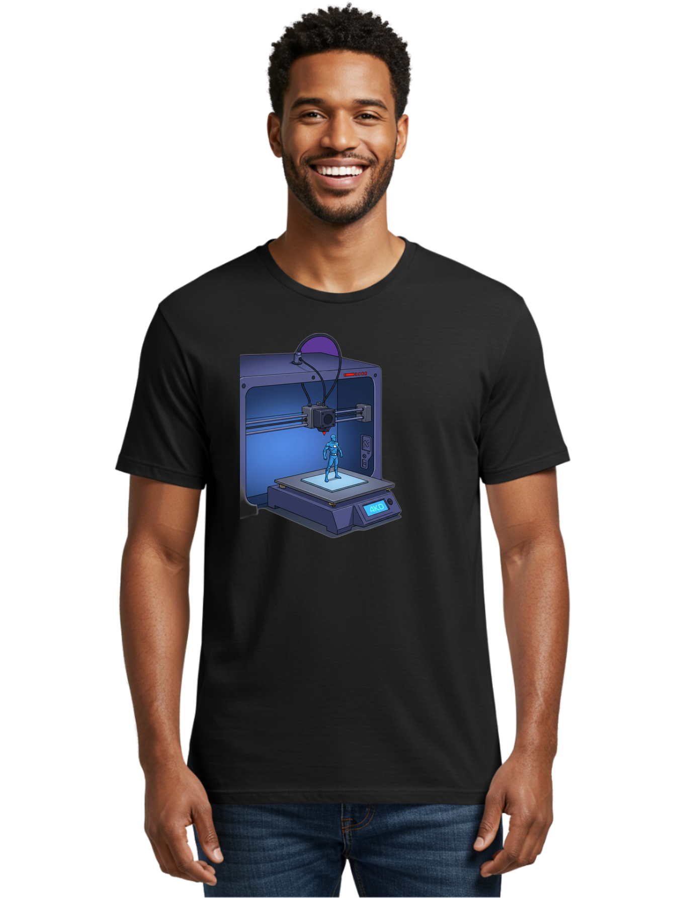 3D-Printer-10 Men'S Graphic Tee, 100% Cotton, Comfortable Casual Summer Wear, Machine Washable, 3D Printing Technology, Futuristic Design, Robotic Figure, Precise Manufacturing, Innovative Machinery, Additive Manufacturing, Ako Baa003