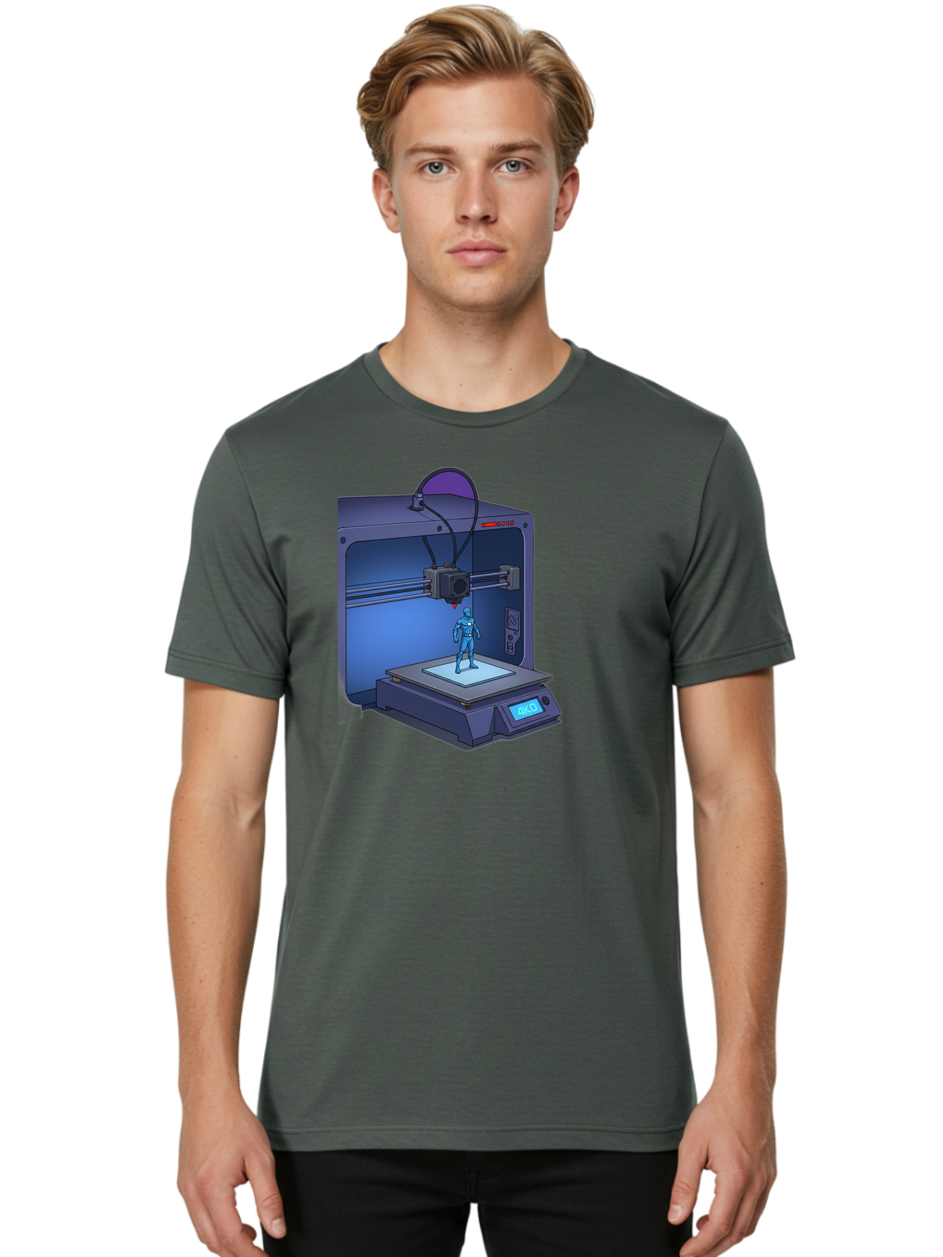 3D-Printer-10 Men'S Graphic Tee, 100% Cotton, Comfortable Casual Summer Wear, Machine Washable, 3D Printing Technology, Futuristic Design, Robotic Figure, Precise Manufacturing, Innovative Machinery, Additive Manufacturing, Ako Baa003