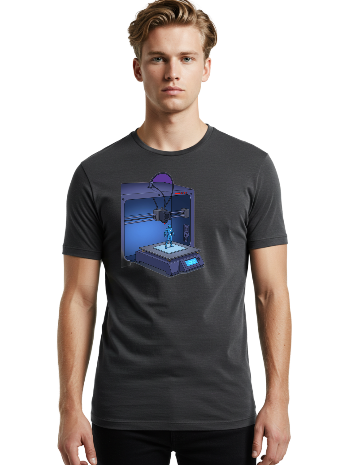 3D-Printer-10 Men'S Graphic Tee, 100% Cotton, Comfortable Casual Summer Wear, Machine Washable, 3D Printing Technology, Futuristic Design, Robotic Figure, Precise Manufacturing, Innovative Machinery, Additive Manufacturing, Ako Baa003