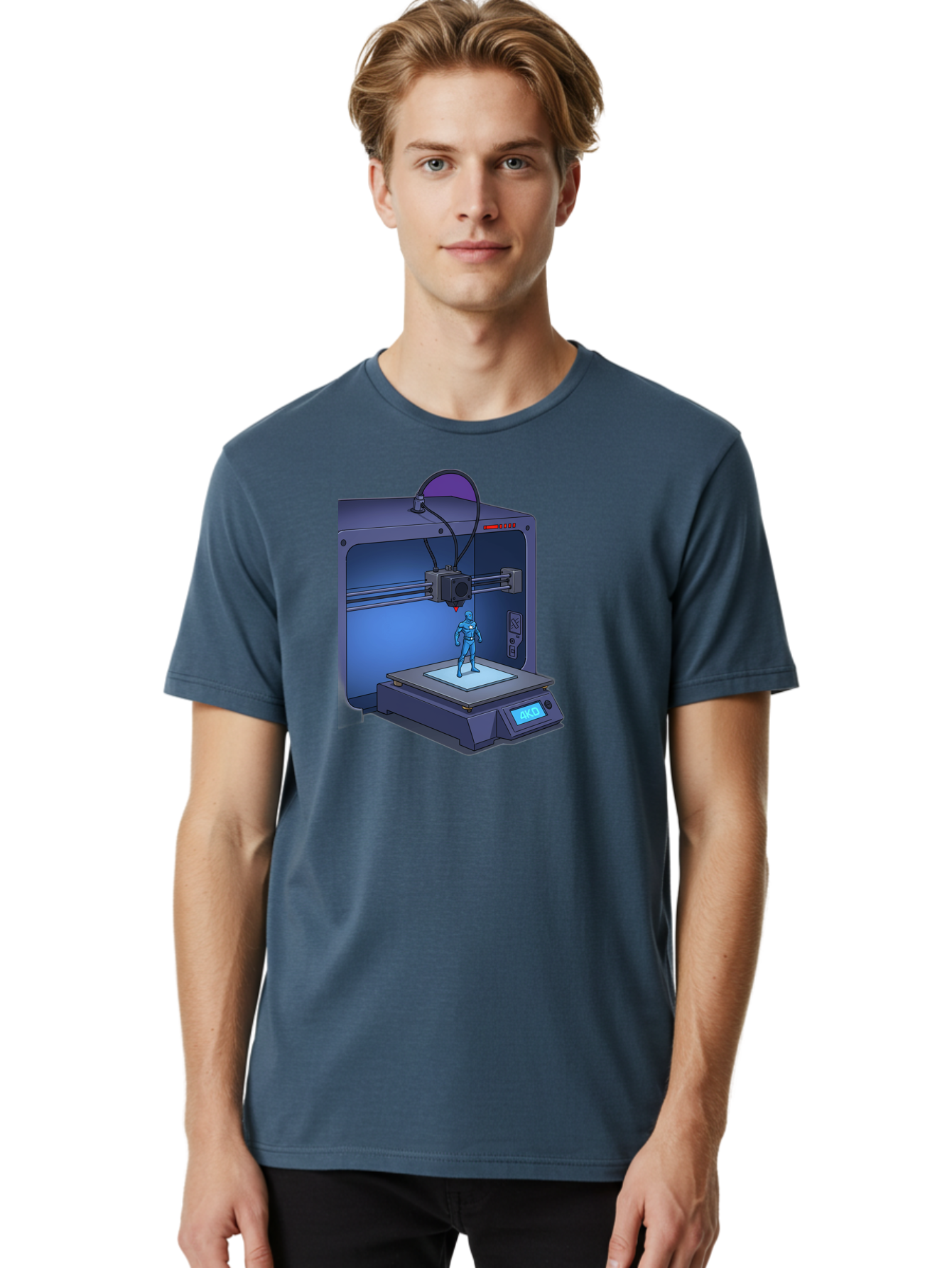 3D-Printer-10 Men'S Graphic Tee, 100% Cotton, Comfortable Casual Summer Wear, Machine Washable, 3D Printing Technology, Futuristic Design, Robotic Figure, Precise Manufacturing, Innovative Machinery, Additive Manufacturing, Ako Baa003
