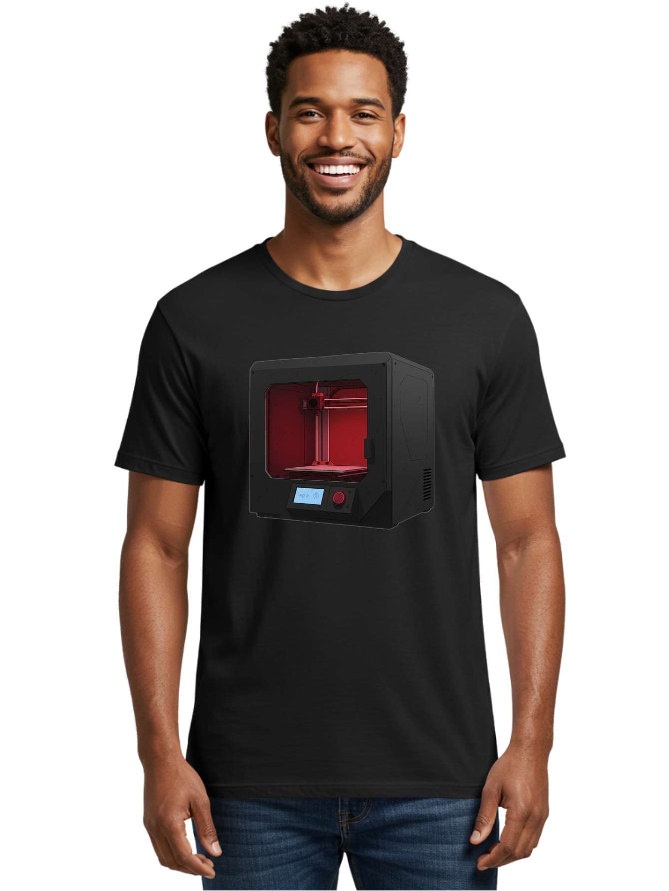 3D-Printer-12 Men'S Graphic Tee, 100% Cotton, Comfortable Casual Summer Wear, Machine Washable, 3D Printing Technology, Additive Manufacturing, Red Lit Interior, Digital Display, Control Panel, Futuristic Design, Precision Engineering, Baa005
