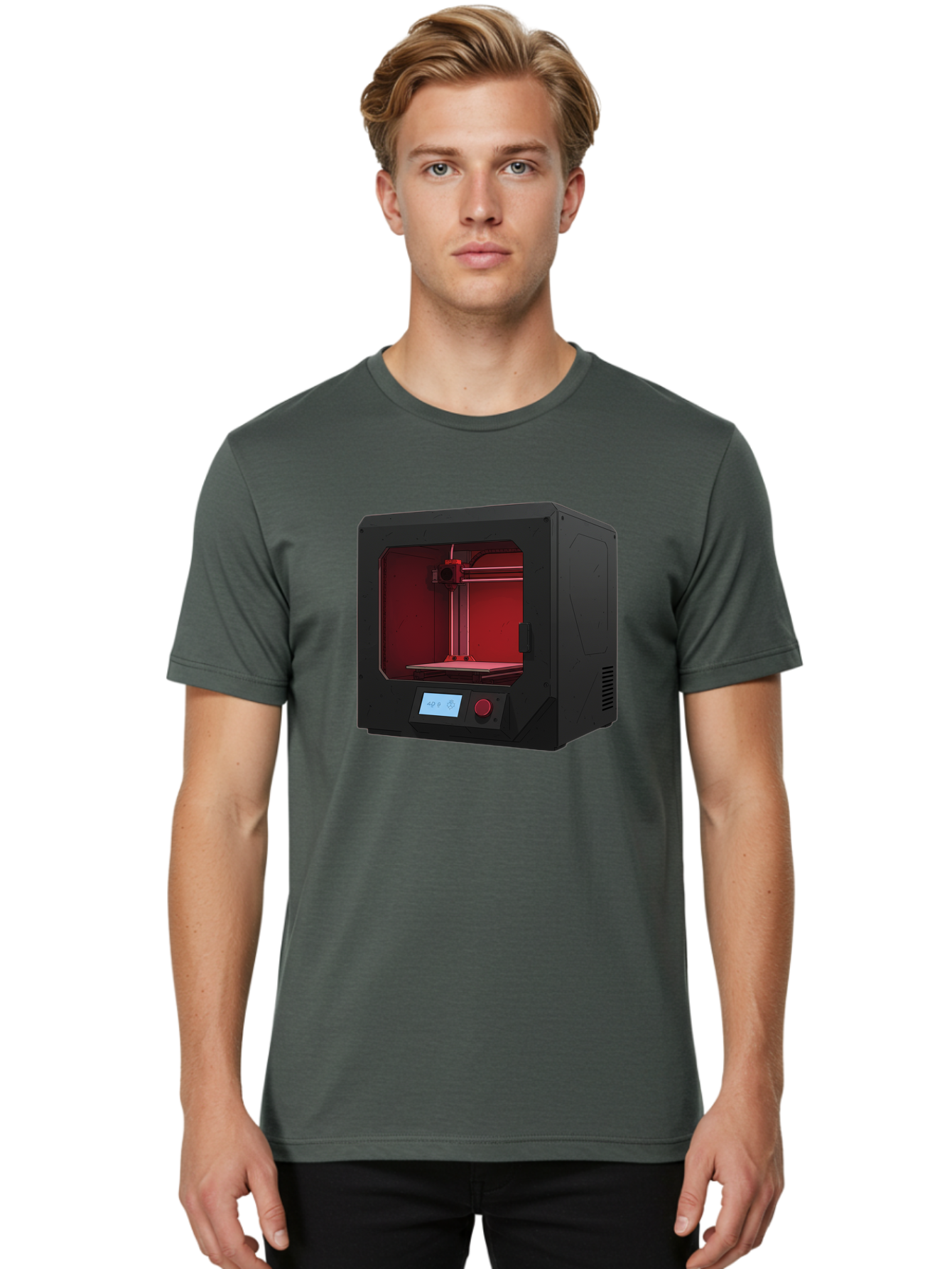 3D-Printer-12 Men'S Graphic Tee, 100% Cotton, Comfortable Casual Summer Wear, Machine Washable, 3D Printing Technology, Additive Manufacturing, Red Lit Interior, Digital Display, Control Panel, Futuristic Design, Precision Engineering, Baa005