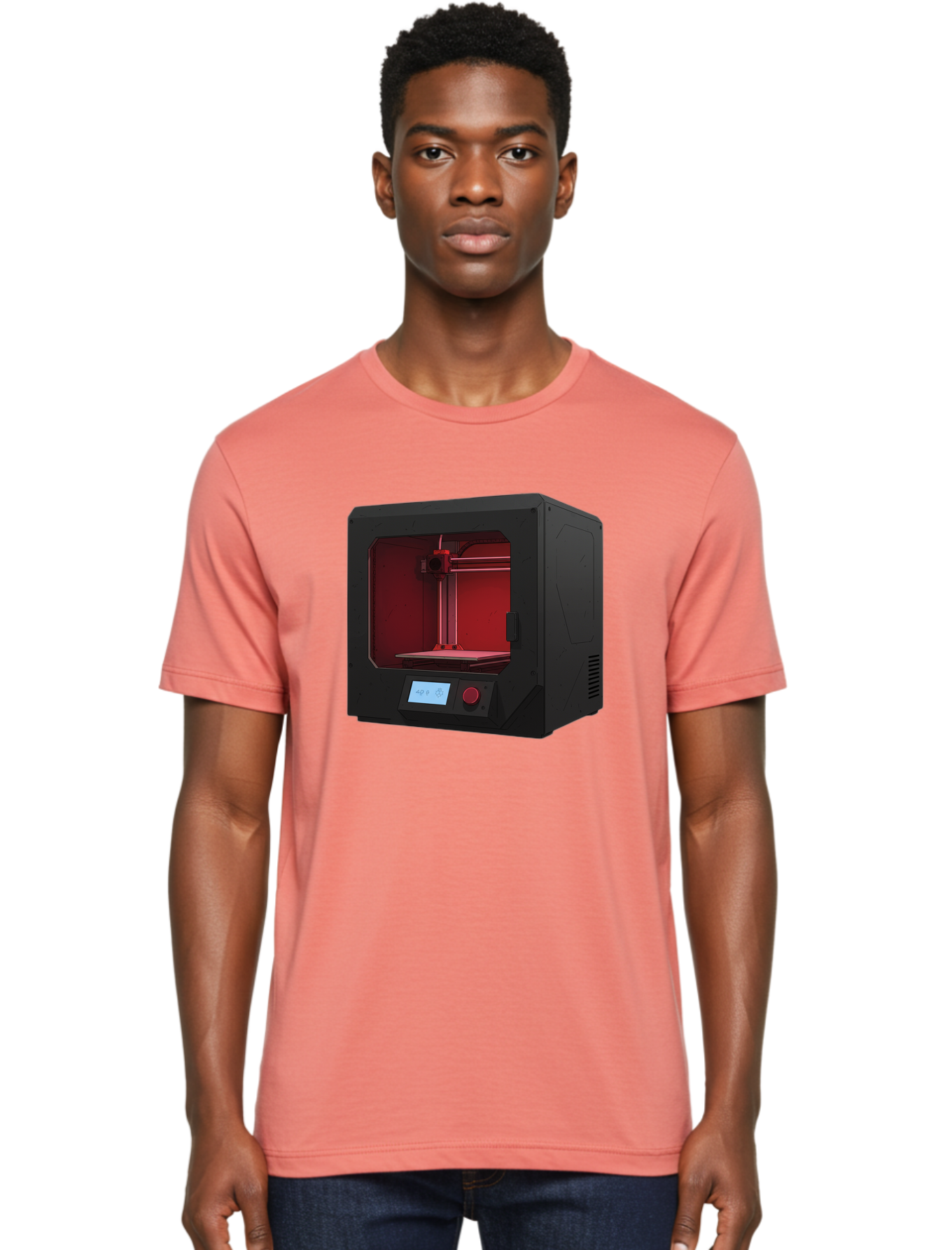 3D-Printer-12 Men'S Graphic Tee, 100% Cotton, Comfortable Casual Summer Wear, Machine Washable, 3D Printing Technology, Additive Manufacturing, Red Lit Interior, Digital Display, Control Panel, Futuristic Design, Precision Engineering, Baa005