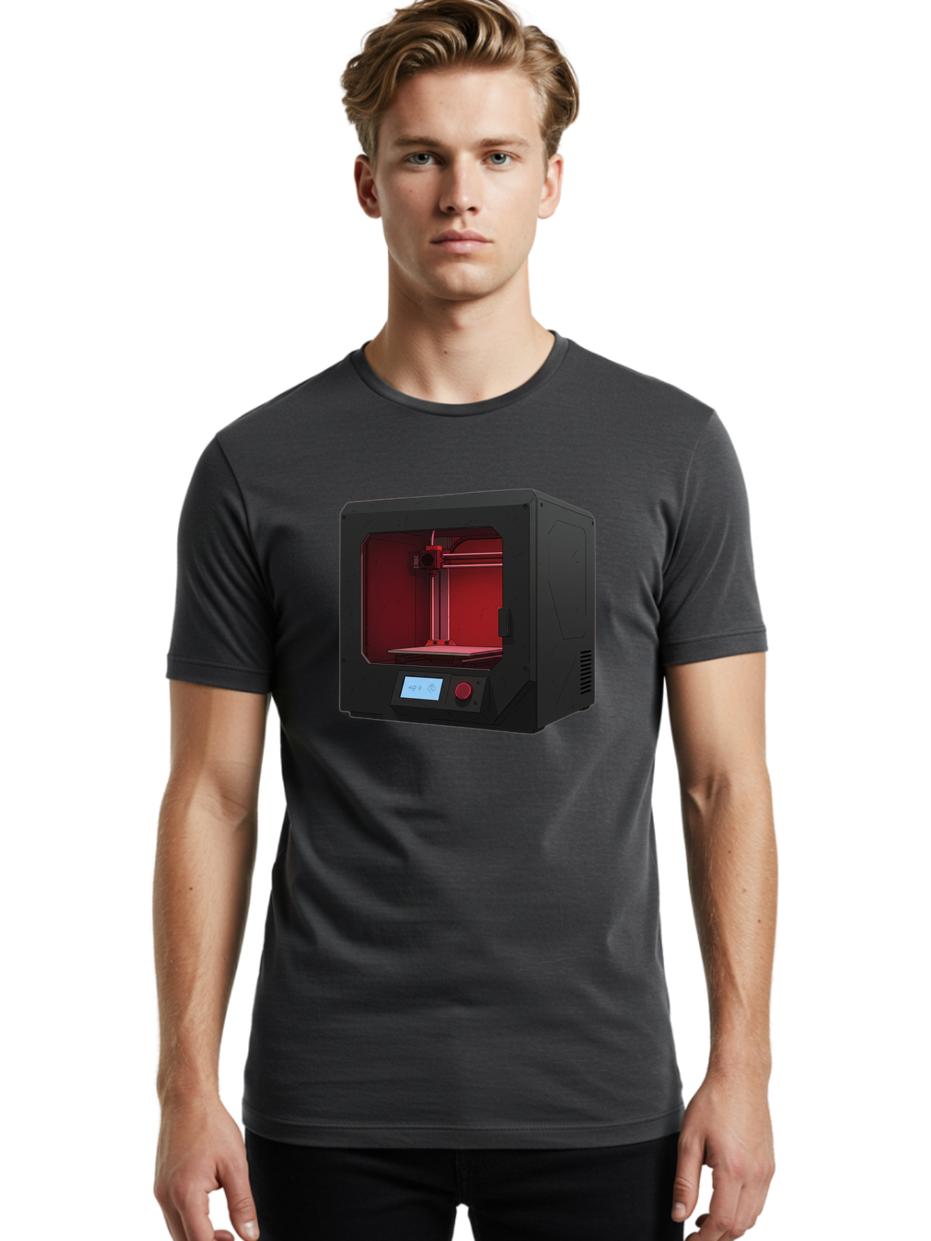 3D-Printer-12 Men'S Graphic Tee, 100% Cotton, Comfortable Casual Summer Wear, Machine Washable, 3D Printing Technology, Additive Manufacturing, Red Lit Interior, Digital Display, Control Panel, Futuristic Design, Precision Engineering, Baa005