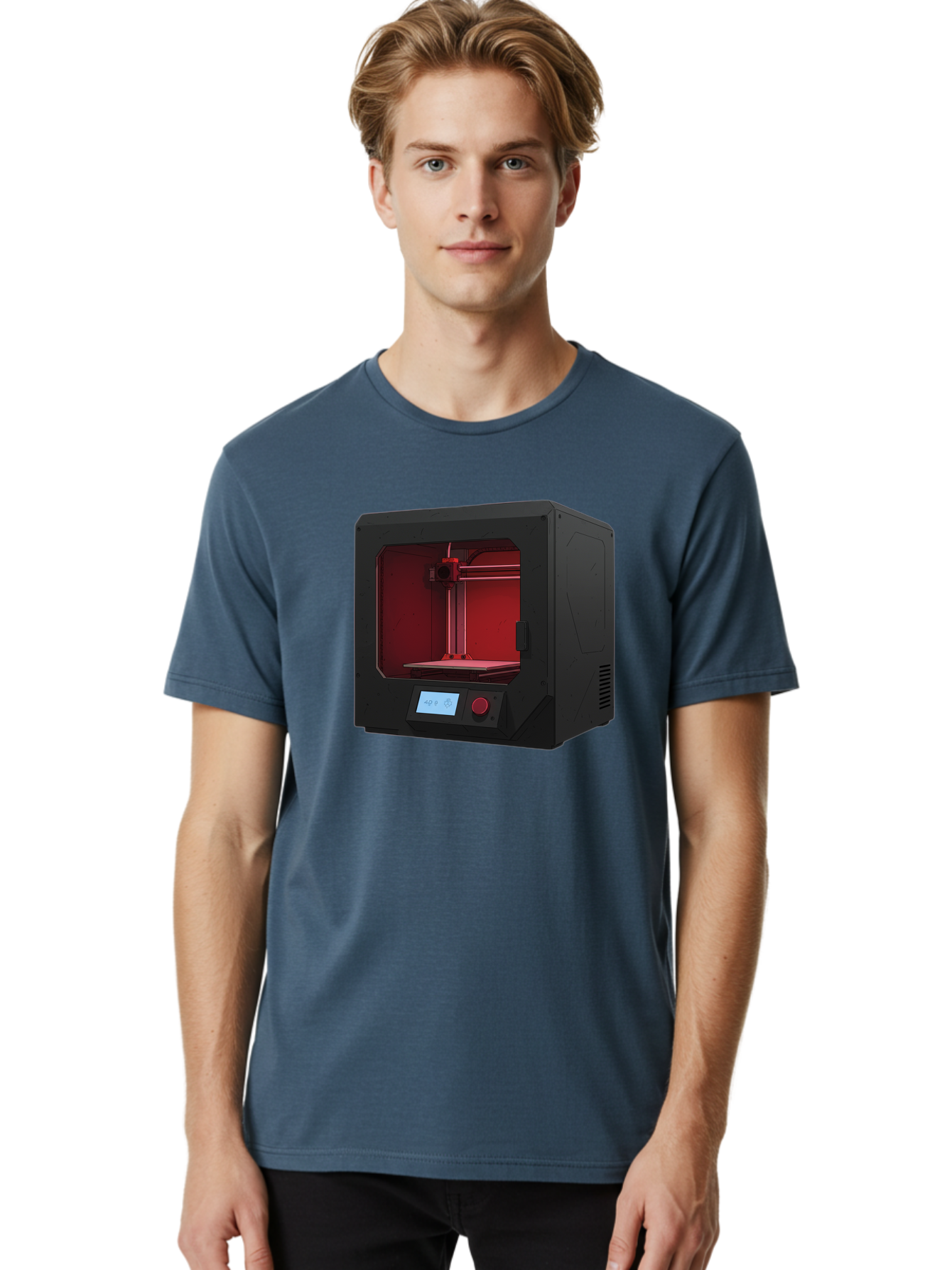 3D-Printer-12 Men'S Graphic Tee, 100% Cotton, Comfortable Casual Summer Wear, Machine Washable, 3D Printing Technology, Additive Manufacturing, Red Lit Interior, Digital Display, Control Panel, Futuristic Design, Precision Engineering, Baa005