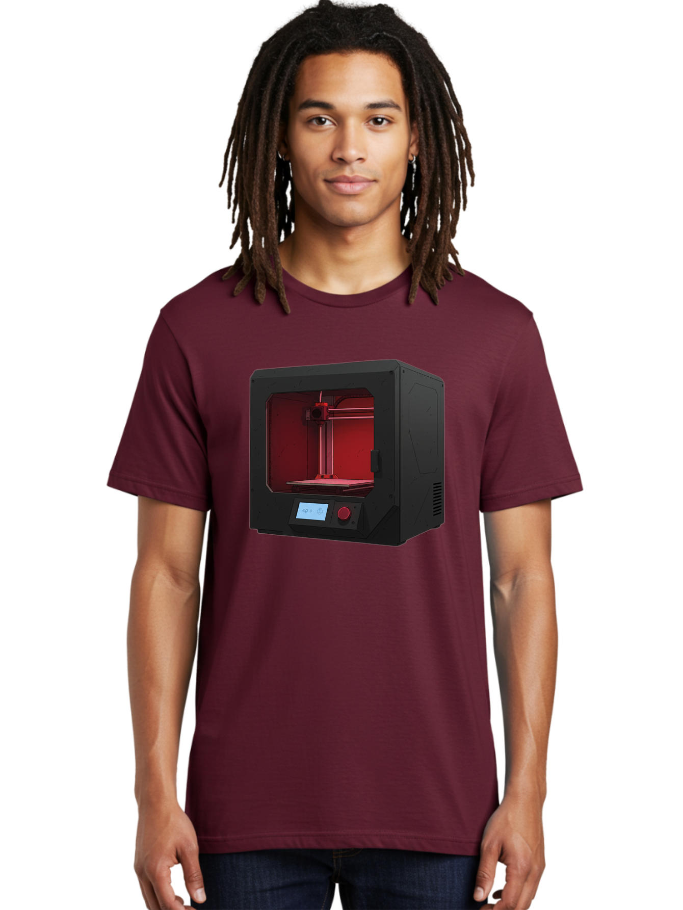 3D-Printer-12 Men'S Graphic Tee, 100% Cotton, Comfortable Casual Summer Wear, Machine Washable, 3D Printing Technology, Additive Manufacturing, Red Lit Interior, Digital Display, Control Panel, Futuristic Design, Precision Engineering, Baa005