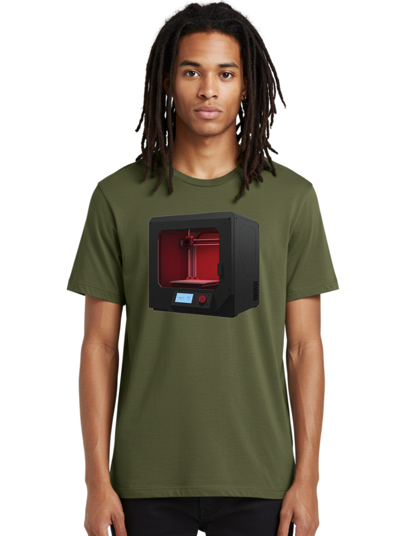 3D-Printer-12 Men'S Graphic Tee, 100% Cotton, Comfortable Casual Summer Wear, Machine Washable, 3D Printing Technology, Additive Manufacturing, Red Lit Interior, Digital Display, Control Panel, Futuristic Design, Precision Engineering, Baa005