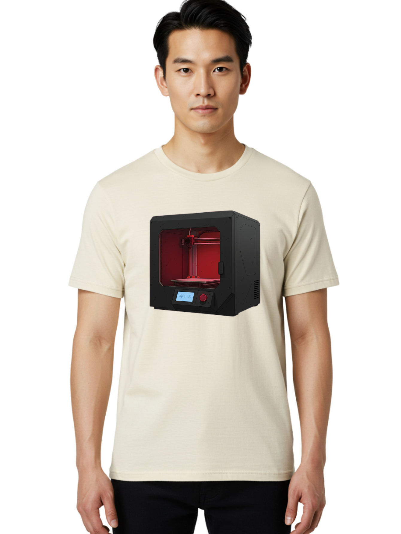 3D-Printer-12 Men'S Graphic Tee, 100% Cotton, Comfortable Casual Summer Wear, Machine Washable, 3D Printing Technology, Additive Manufacturing, Red Lit Interior, Digital Display, Control Panel, Futuristic Design, Precision Engineering, Baa005
