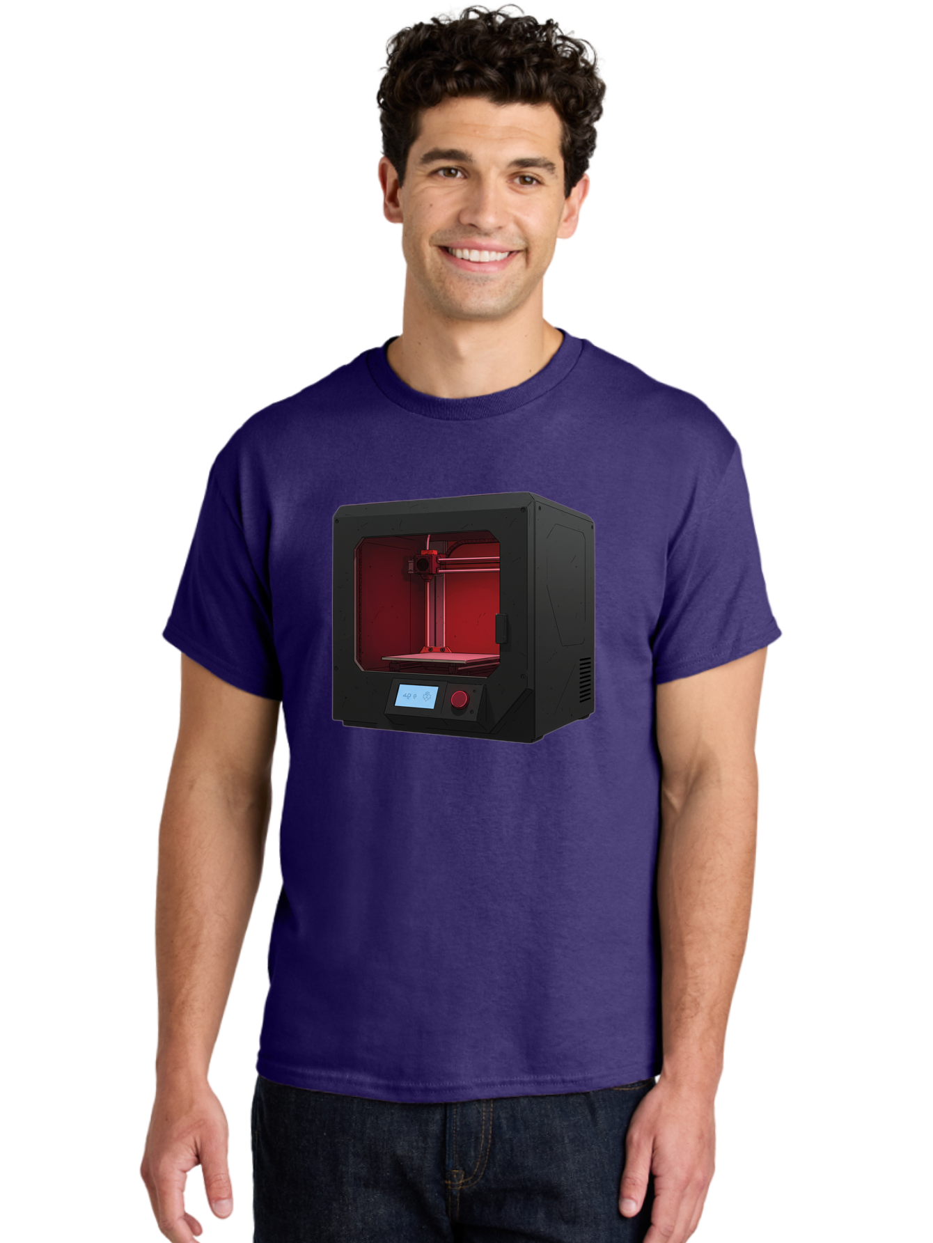 3D-Printer-12 Men'S Graphic Tee, 100% Cotton, Comfortable Casual Summer Wear, Machine Washable, 3D Printing Technology, Additive Manufacturing, Red Lit Interior, Digital Display, Control Panel, Futuristic Design, Precision Engineering, Baa005