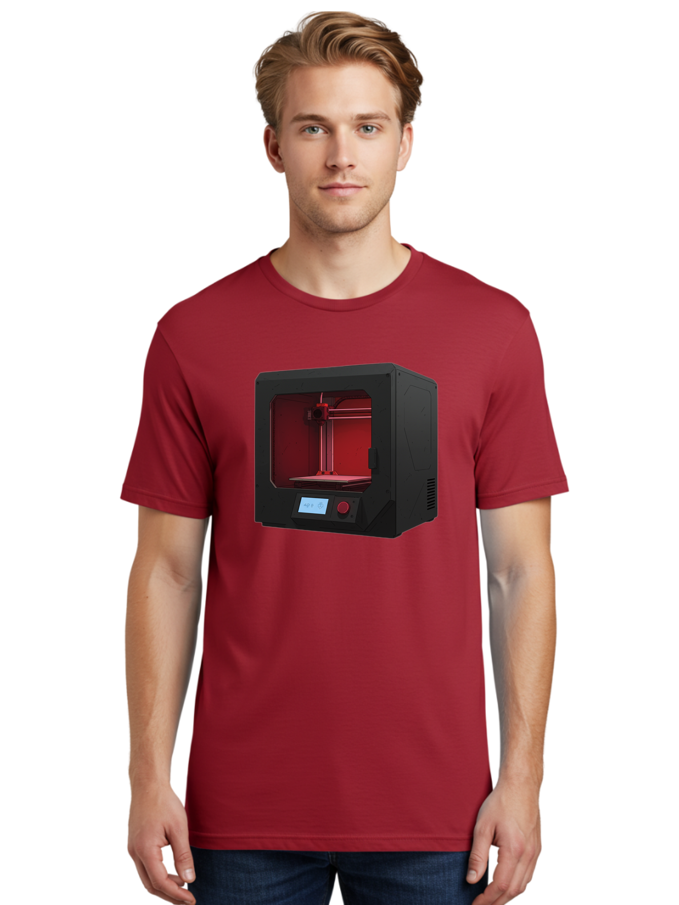 3D-Printer-12 Men'S Graphic Tee, 100% Cotton, Comfortable Casual Summer Wear, Machine Washable, 3D Printing Technology, Additive Manufacturing, Red Lit Interior, Digital Display, Control Panel, Futuristic Design, Precision Engineering, Baa005