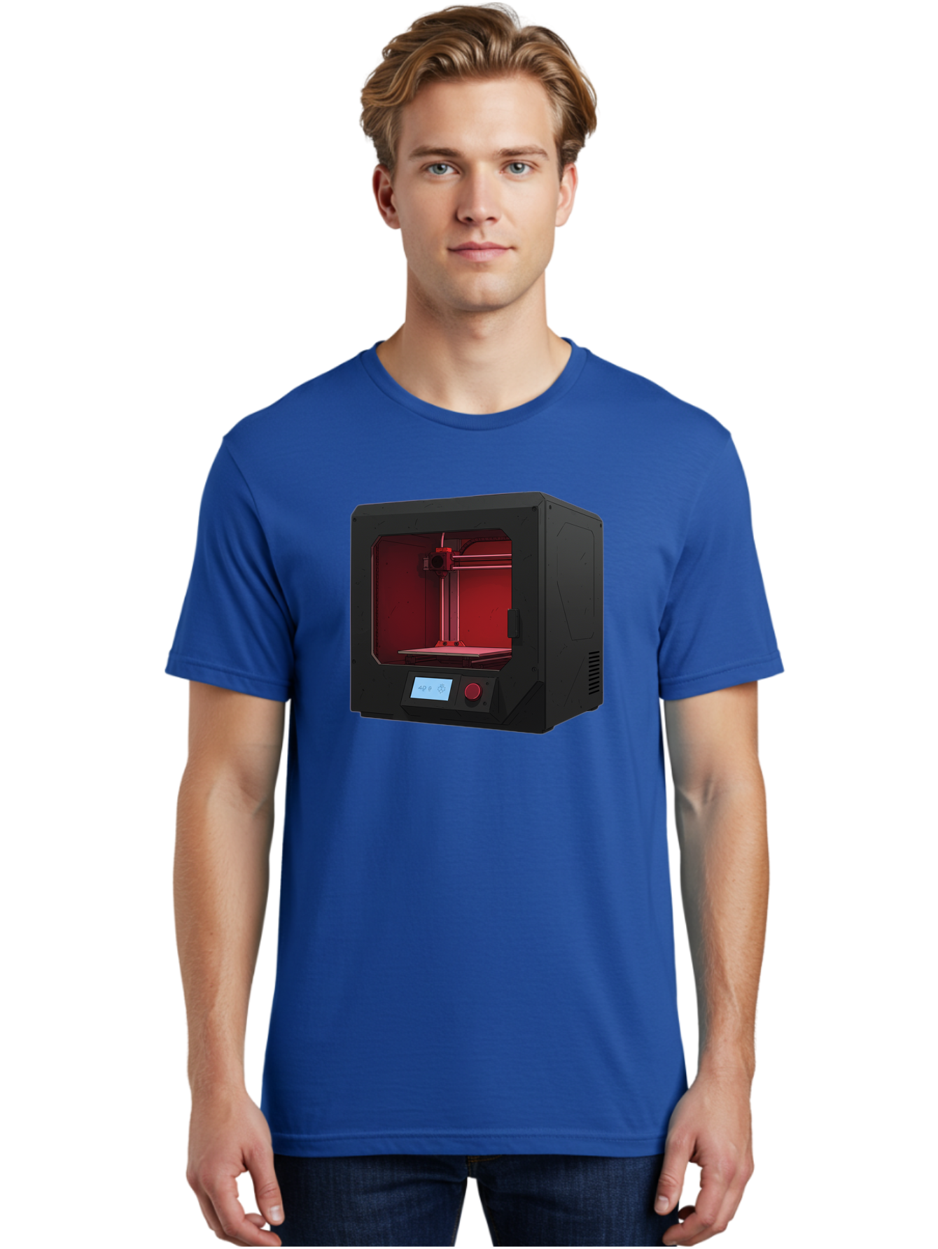 3D-Printer-12 Men'S Graphic Tee, 100% Cotton, Comfortable Casual Summer Wear, Machine Washable, 3D Printing Technology, Additive Manufacturing, Red Lit Interior, Digital Display, Control Panel, Futuristic Design, Precision Engineering, Baa005