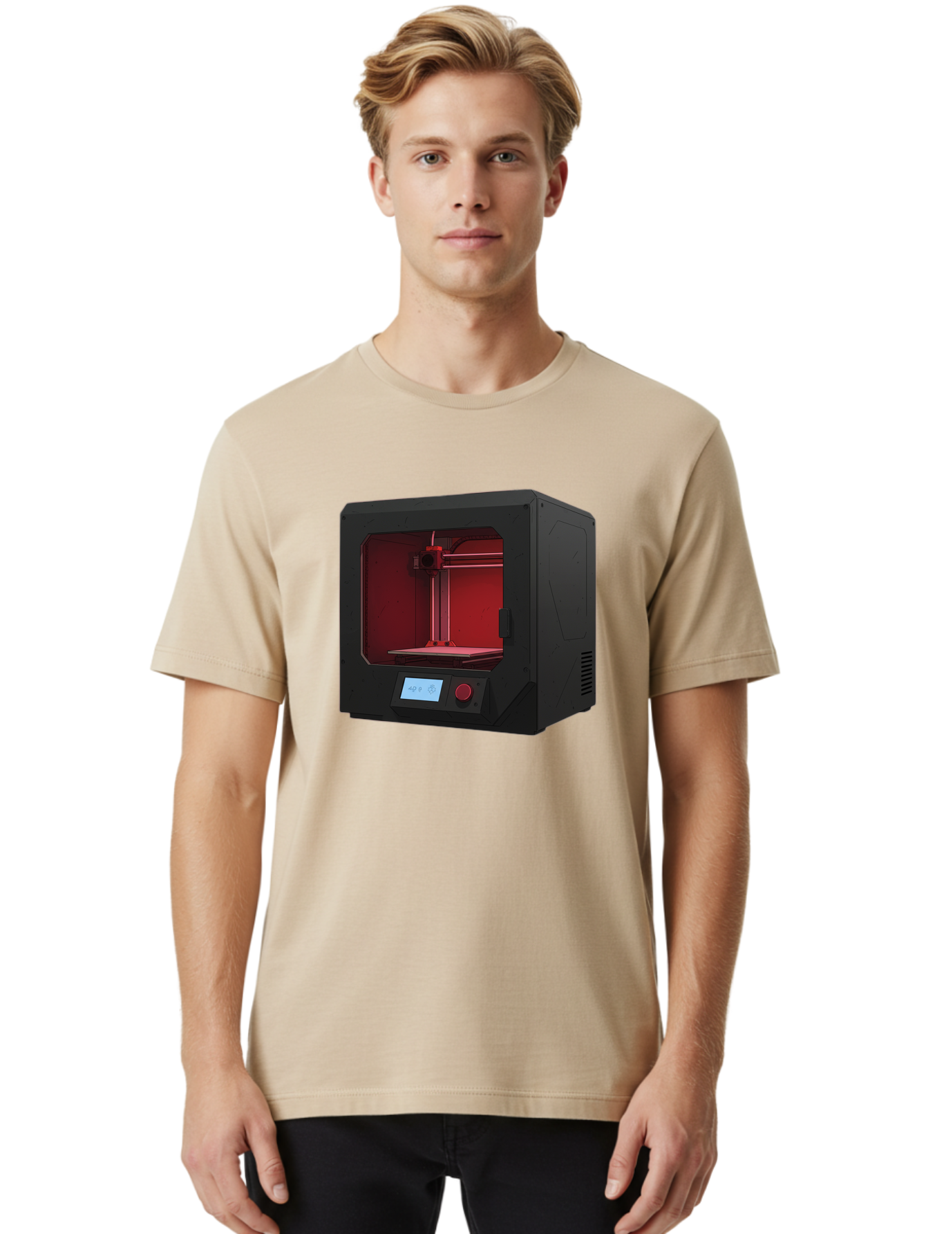 3D-Printer-12 Men'S Graphic Tee, 100% Cotton, Comfortable Casual Summer Wear, Machine Washable, 3D Printing Technology, Additive Manufacturing, Red Lit Interior, Digital Display, Control Panel, Futuristic Design, Precision Engineering, Baa005