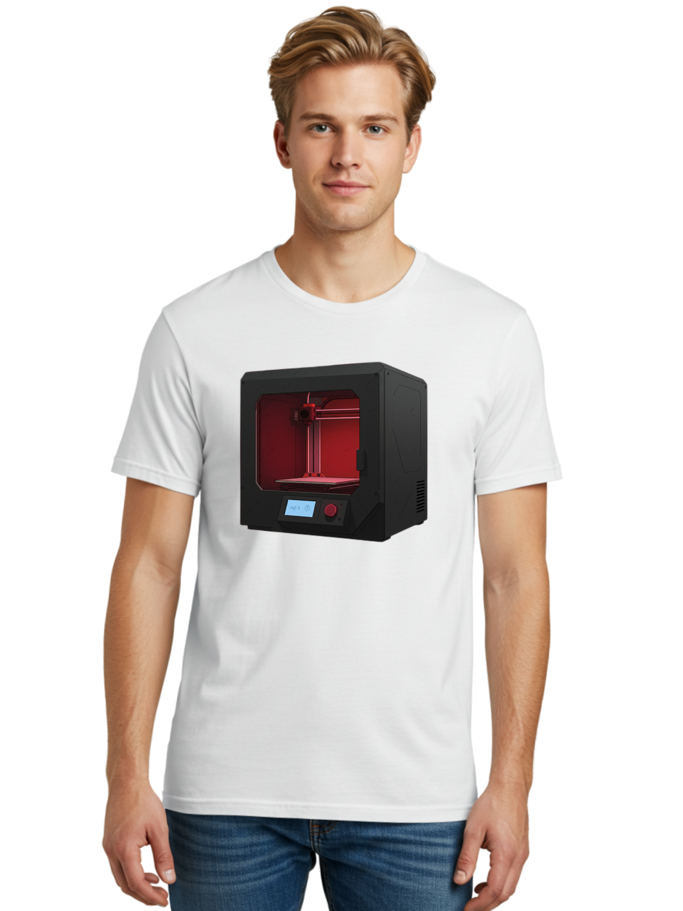 3D-Printer-12 Men'S Graphic Tee, 100% Cotton, Comfortable Casual Summer Wear, Machine Washable, 3D Printing Technology, Additive Manufacturing, Red Lit Interior, Digital Display, Control Panel, Futuristic Design, Precision Engineering, Baa005