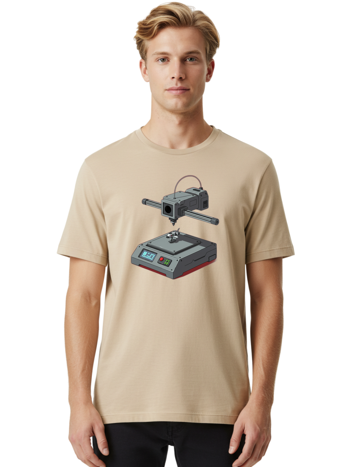 3D-Printer-17 Men'S Graphic Tee, 100% Cotton, Comfortable Casual Summer Wear, Machine Washable, 3D Printing Technology, Rapid Prototyping, Digital Fabrication, Additive Manufacturing, Futuristic Design, Robotic Arm, Cutting-Edge Innovation, Baa010