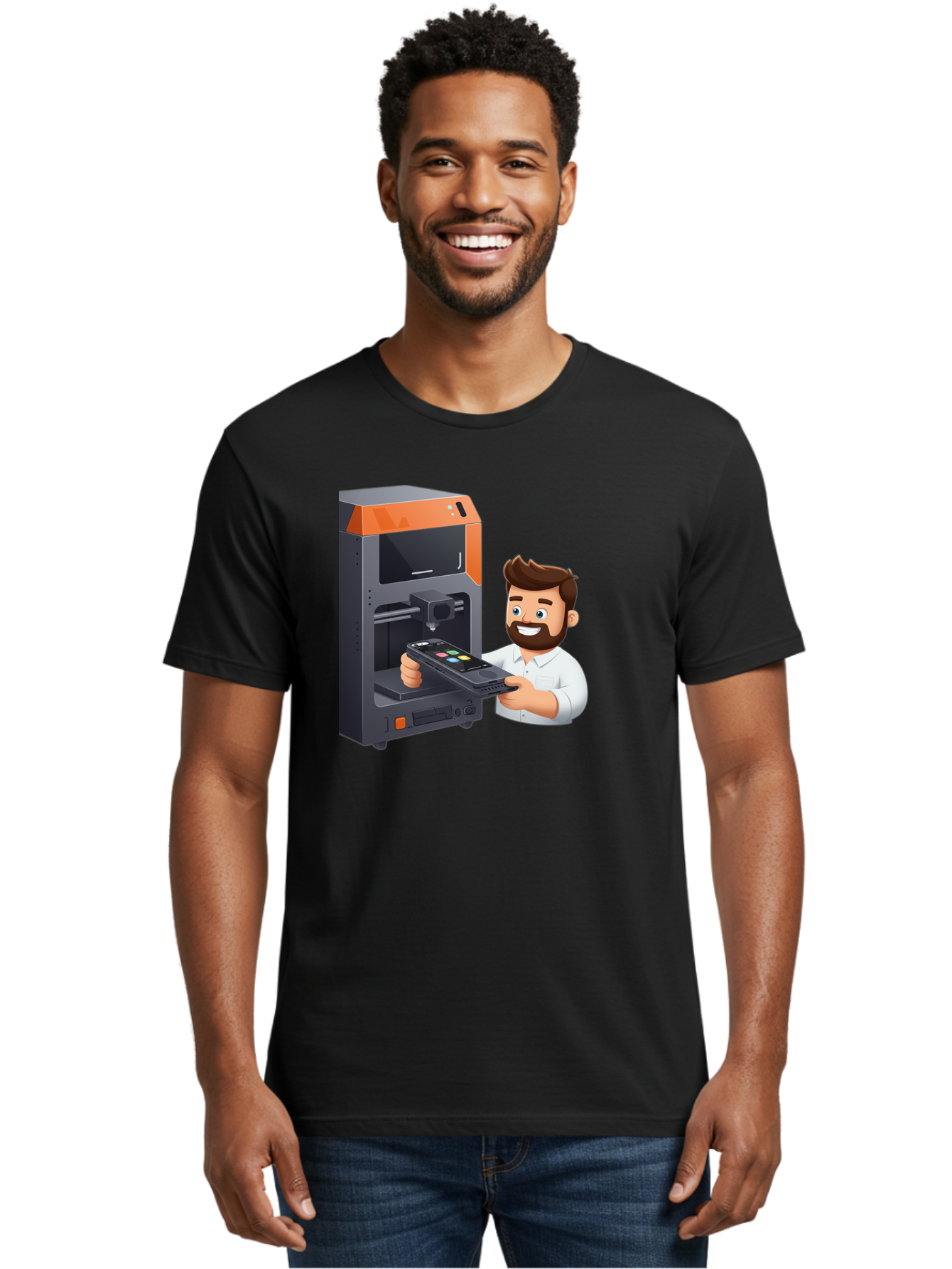 3D-Printer-18 Men'S Graphic Tee, 100% Cotton, Comfortable Casual Summer Wear, Machine Washable, Man Holding Phone, 3D Printing Technology, Phone Scanning, Digital Design, Modern Innovation, Futuristic Manufacturing, 3D Printer Machine Baa011
