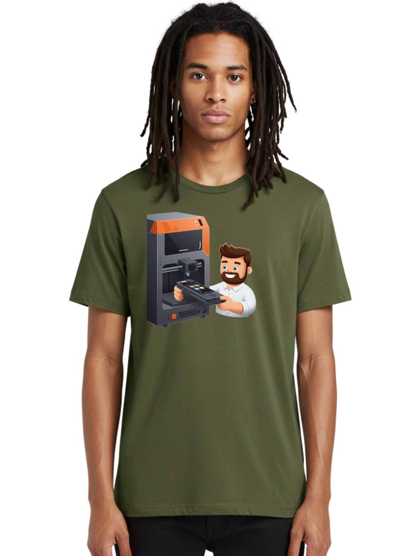 3D-Printer-18 Men'S Graphic Tee, 100% Cotton, Comfortable Casual Summer Wear, Machine Washable, Man Holding Phone, 3D Printing Technology, Phone Scanning, Digital Design, Modern Innovation, Futuristic Manufacturing, 3D Printer Machine Baa011